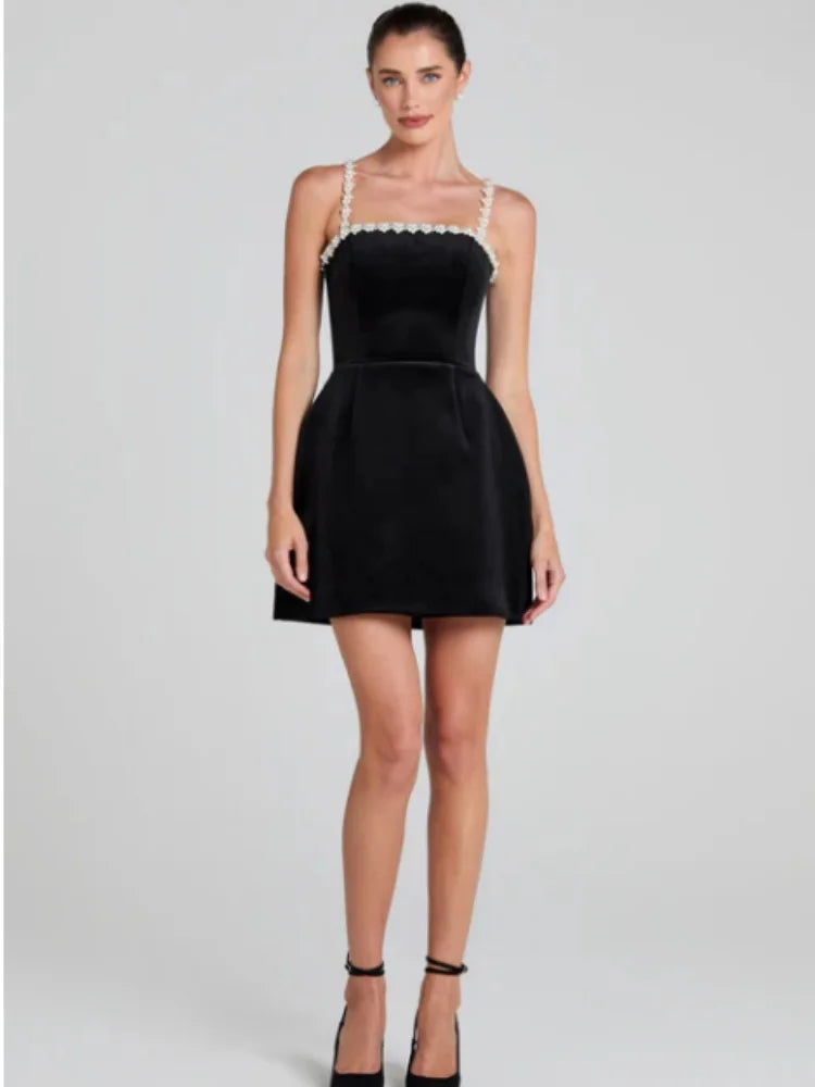 Black Color Women Sexy Strap Square Collar Beading Straight Mini Bandage Dress Elegant Evening Party Red Carpet Outfit