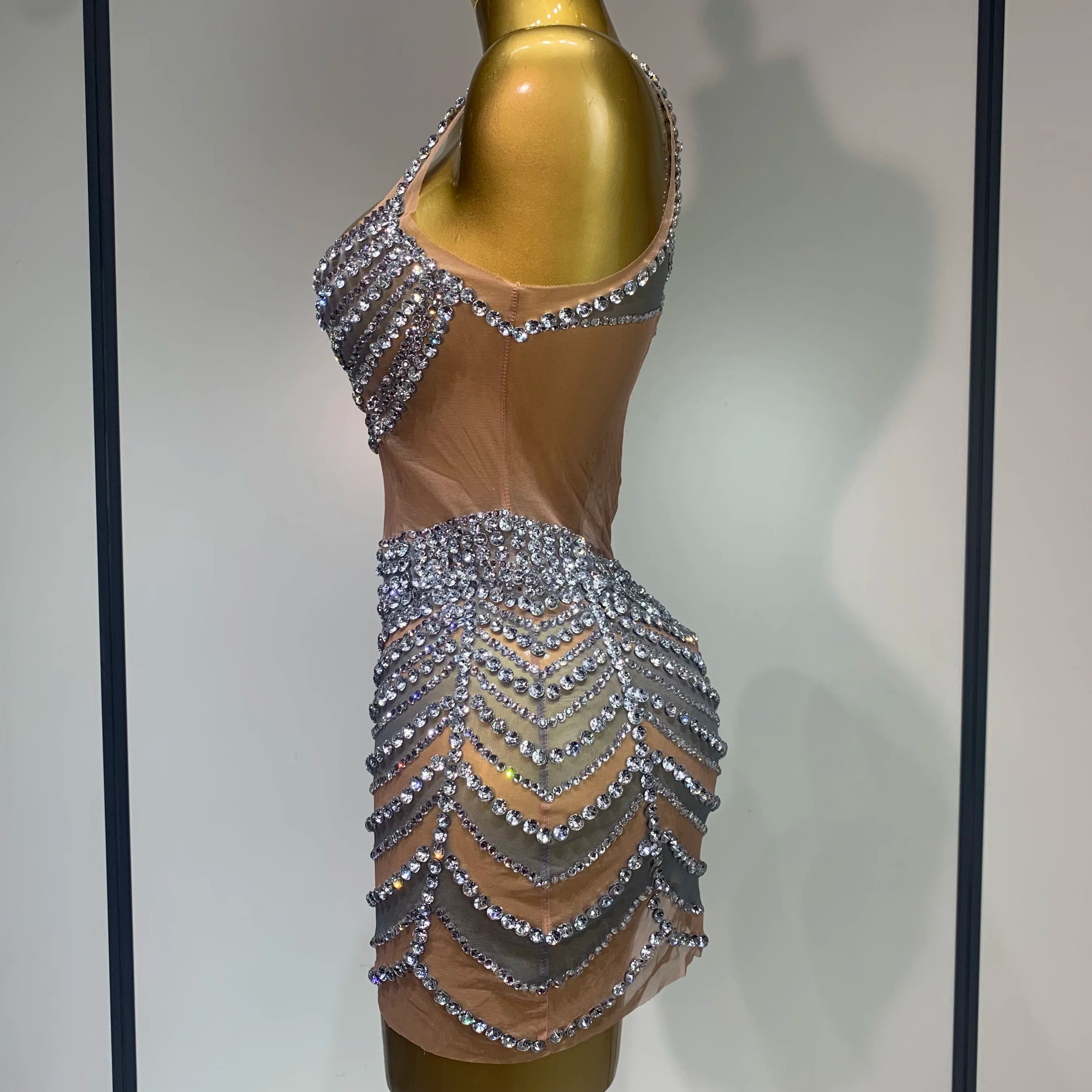 Sparkly Rhinestones Sleeveless Mini Dress Evening Birthday Celebrate Evening Party Dress Nightclub Stage Performance Costume