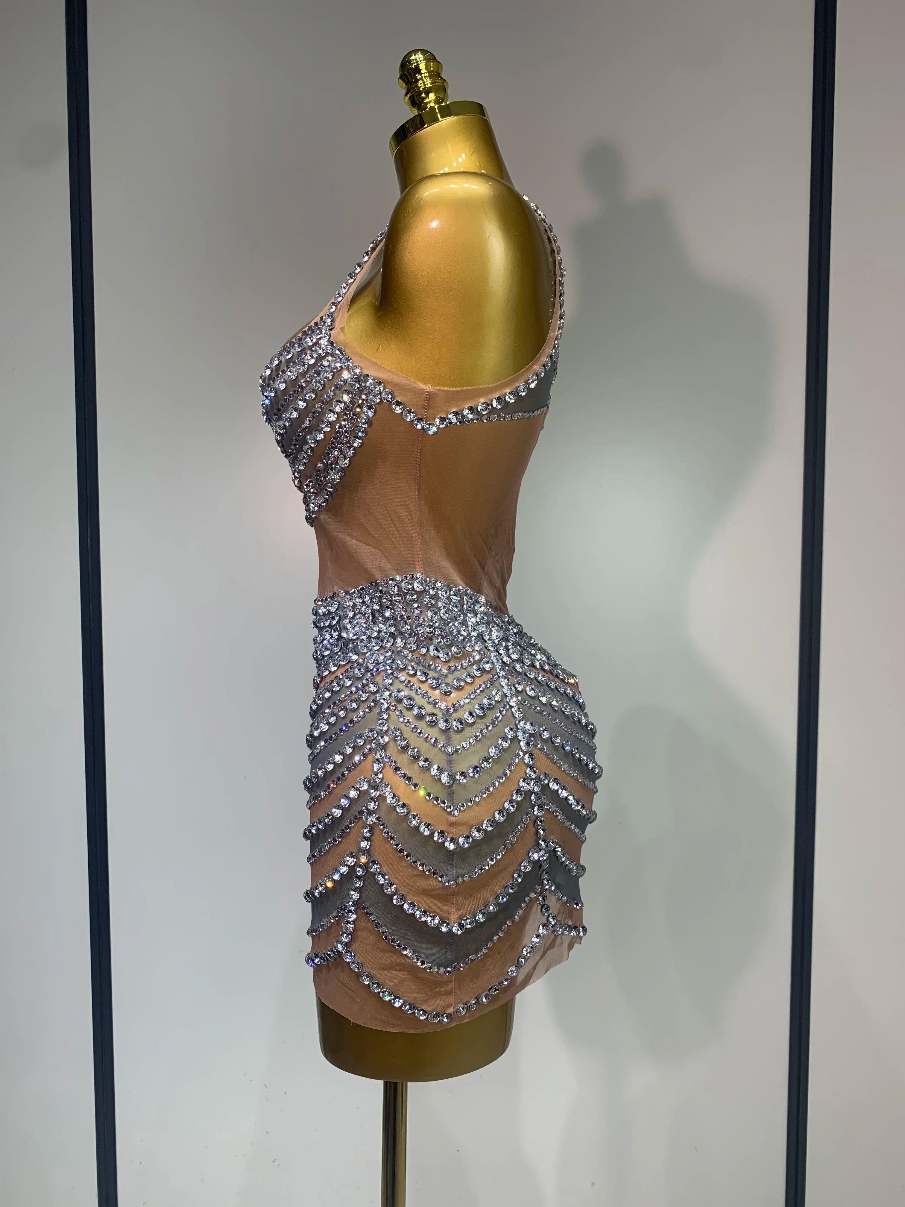 Sparkly Rhinestones Sleeveless Mini Dress Evening Birthday Celebrate Evening Party Dress Nightclub Stage Performance Costume