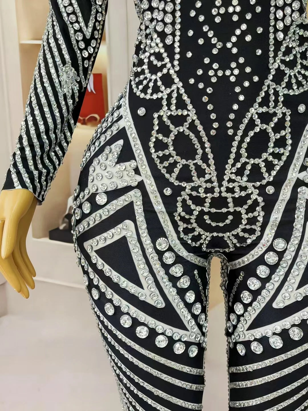 Fancy Sexy Black White Striped Printing Rhinestone Jumpsuit Bar Nightclub Stage Performance Bodycon Leggings for Women Mawenku