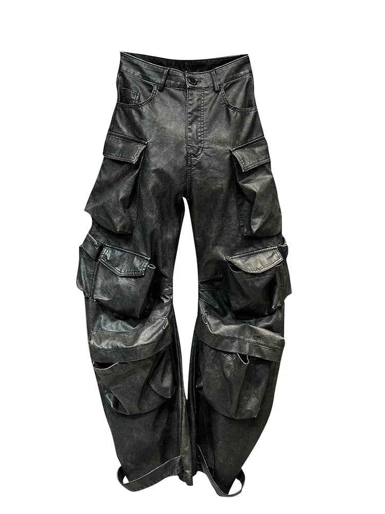 DEAT Multi Pocket Design Vintage PU Leather Pants For Women High Waist Single Button Cargo Trousers Autumn Female 11XX5286