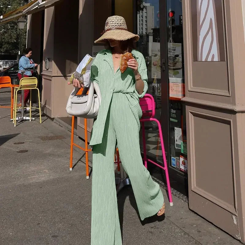 Pleated Solid Women Set Long Sleeve Shirts and Straight Wide Leg Pants Suits Tracksuit Two Piece Set Fitness Outfits Light Green