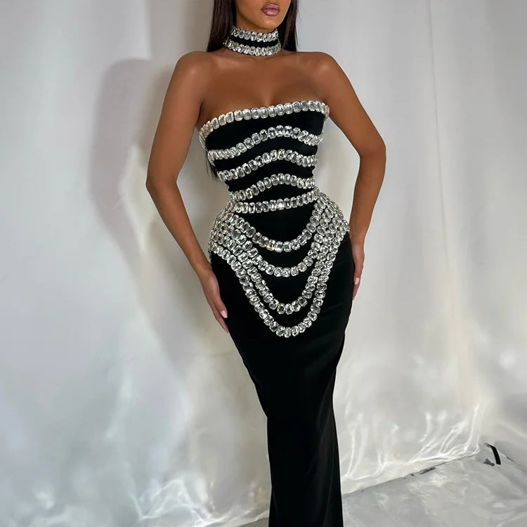 VC Black Strapless Long Dress Diamonds Embellished Bodycon Bandage Prom Celebrity Party Evening Gowns Dropshipping