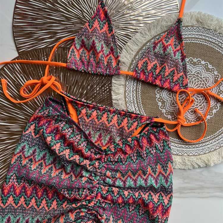 Women Swimsuit Colored Maple Leaves Knitted Bikini Skirt Three-Piece Set Split Swimsuit Bikini 2