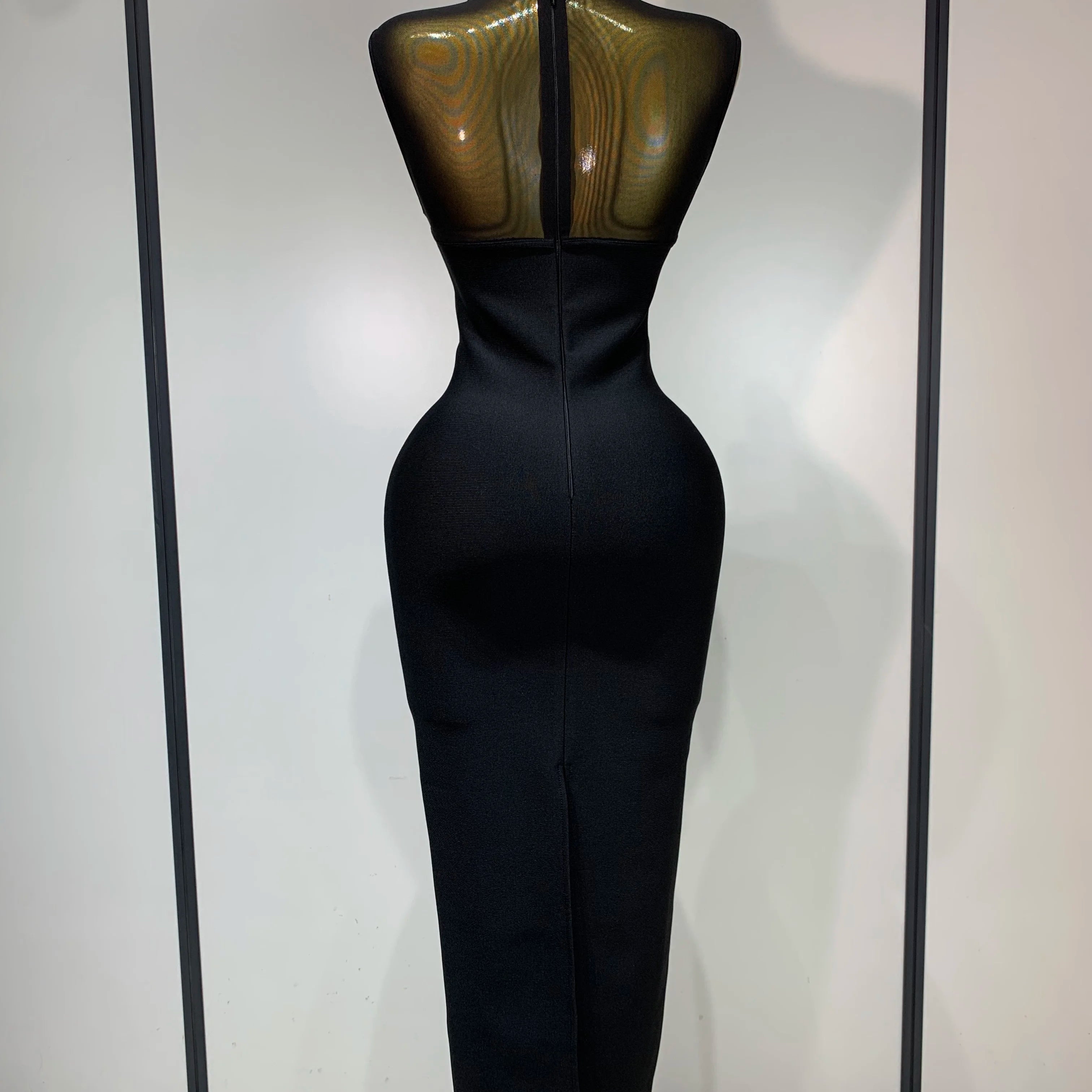 Women Sexy Mesh Patchwork Bandage Round Neck Sleeveless Bandage Dress Celebrity Elegant Evening Party Dress Club Wedding Gown