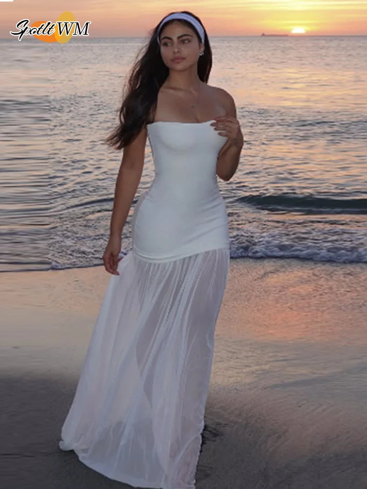 Elegant White Gauze Off Shoulder Long Dress Women Fashion Sleeveless Backless A-line Vestidos 2025 New Lady Vocation Beach Robes