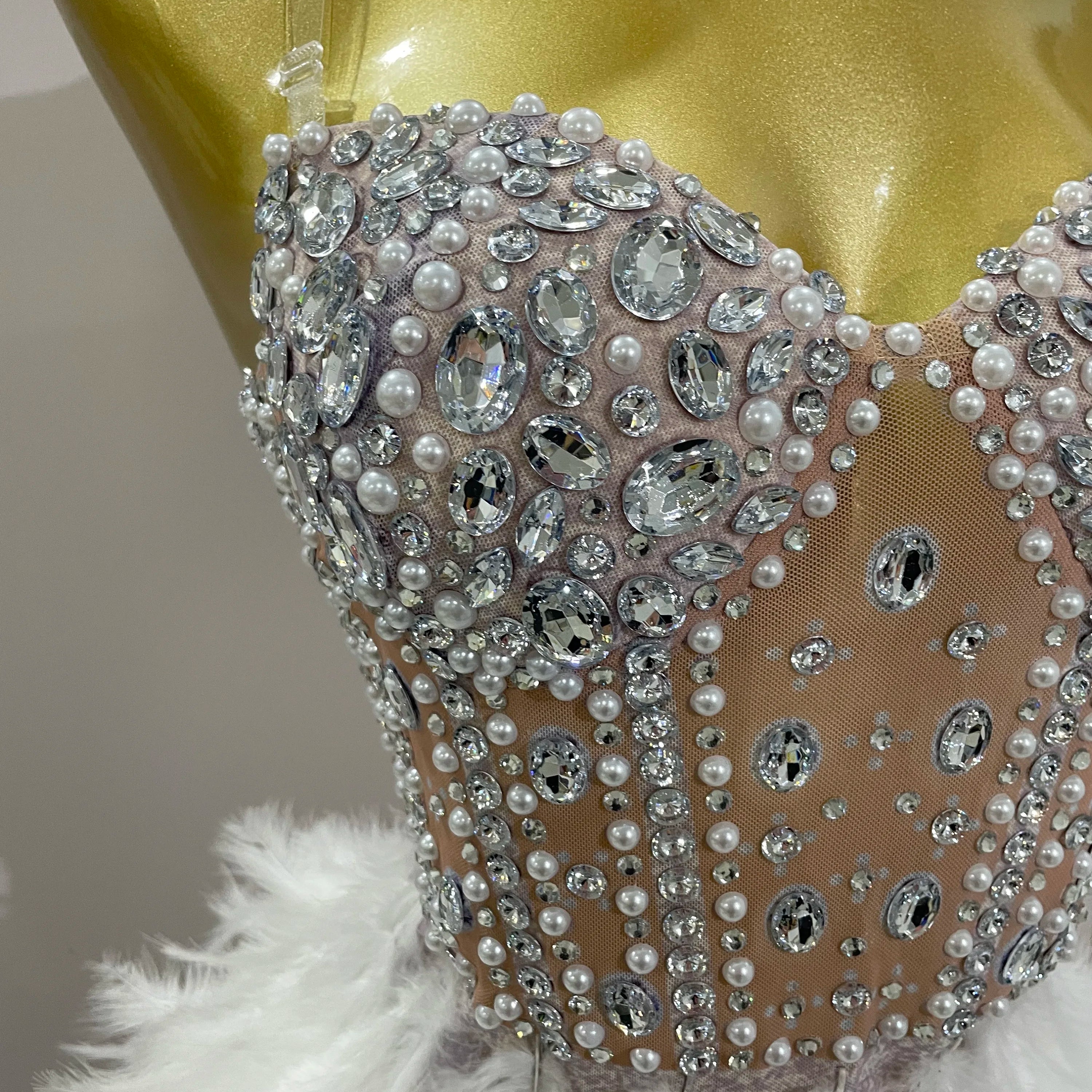 2025 Luxury Sparkle Rhinestone White Feather Sexy Mesh Long Dress Women Evening Party Birthday Performance Photoshoot Costume