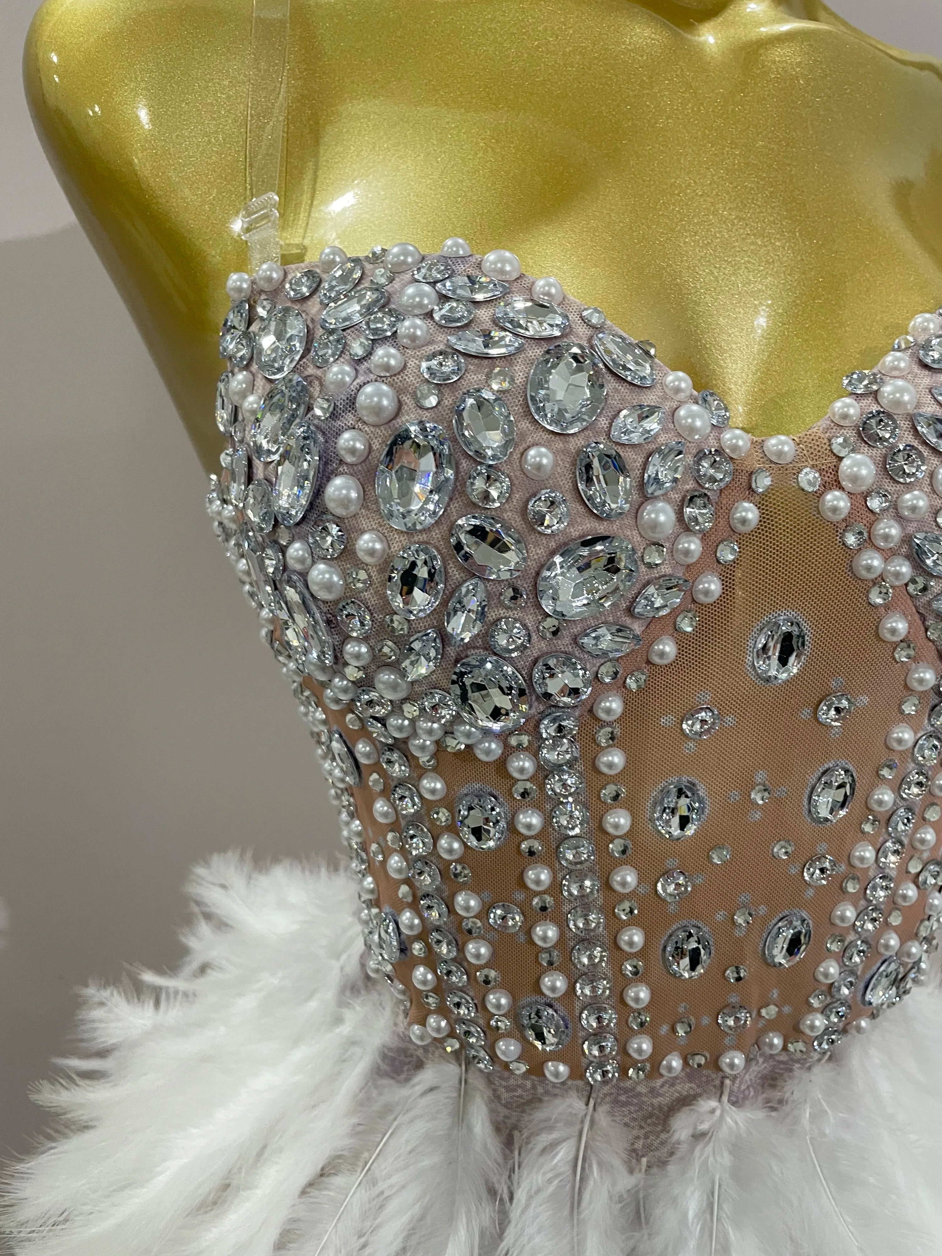 2025 Luxury Sparkle Rhinestone White Feather Sexy Mesh Long Dress Women Evening Party Birthday Performance Photoshoot Costume