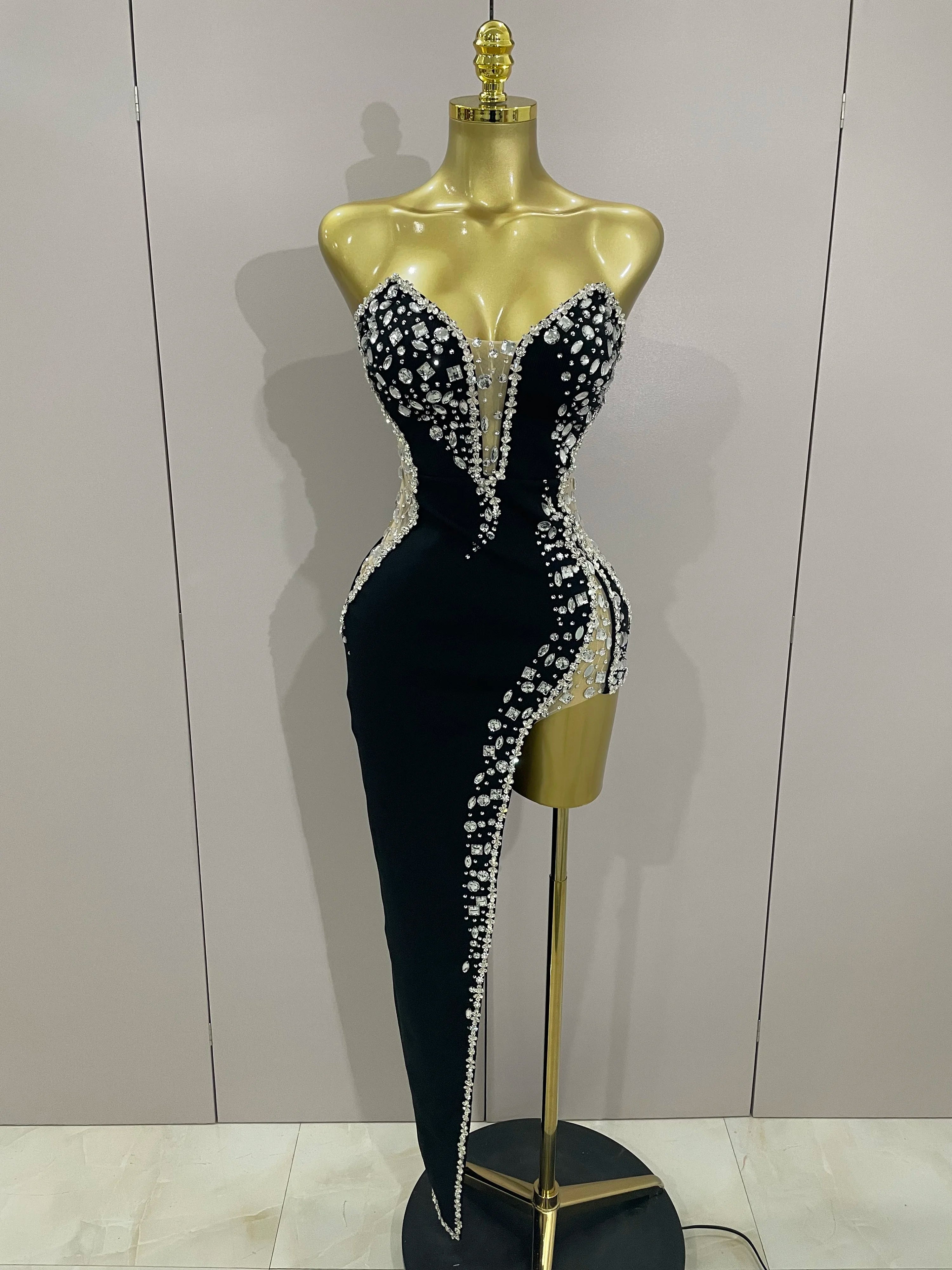 Newest Sexy Strapless Shinning Rhinestones Bodycon Bandage Long Dress Women Fashion Celebrate Evening Party Vestido black