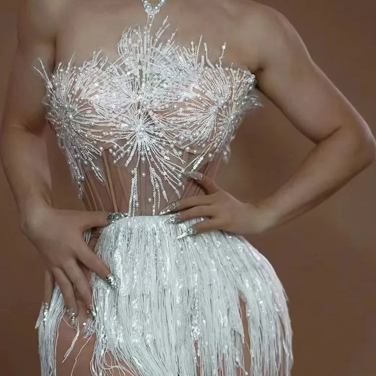 Stock Women Backless Halter Tassel Pearl Snow Mini White Dress Birthday Party Costume Bar Nightclub Stage Performance Dress Up Snow