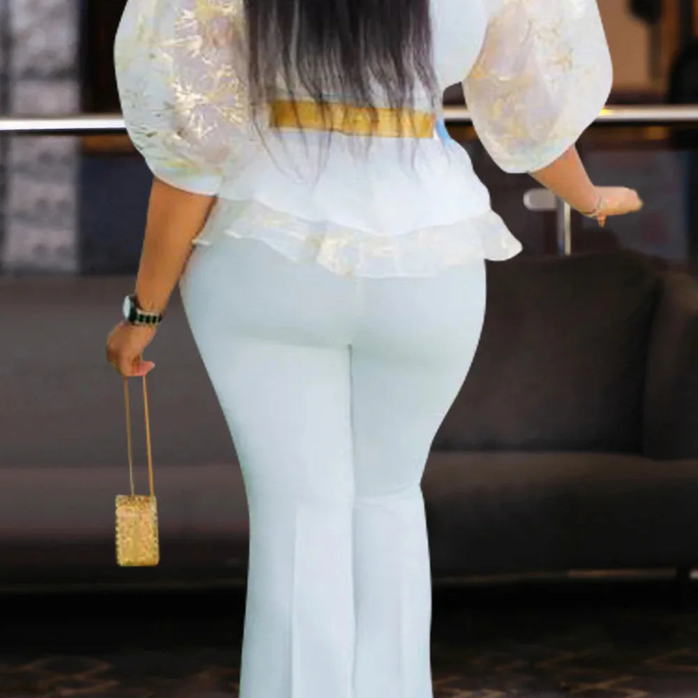 Plus Size Mother Of The Bride White Elegant Round Neck Puff Sleeve Half Sleeve Ruffle See Through Two Piece Pant Sets