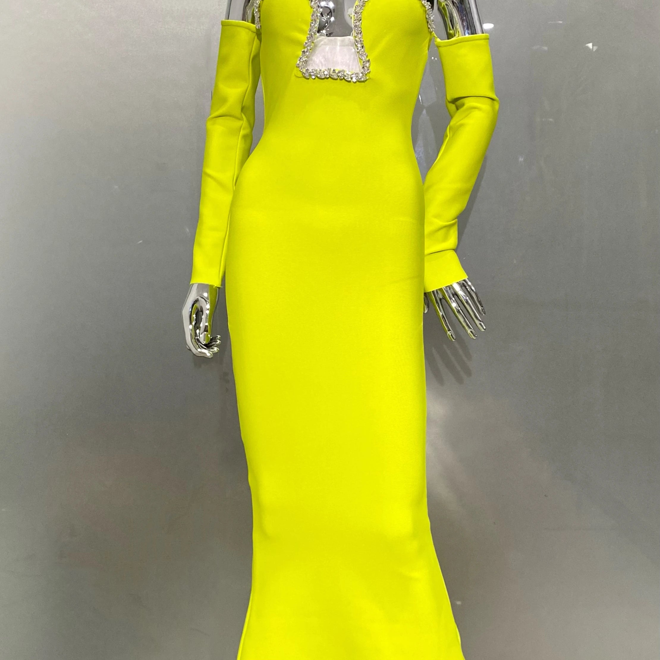 New Winter Yellow Green Shining Diamonds Sexy V-Neck off The Shoulder Mermaid Long Dress Fashion Woman Evening Party Vestido