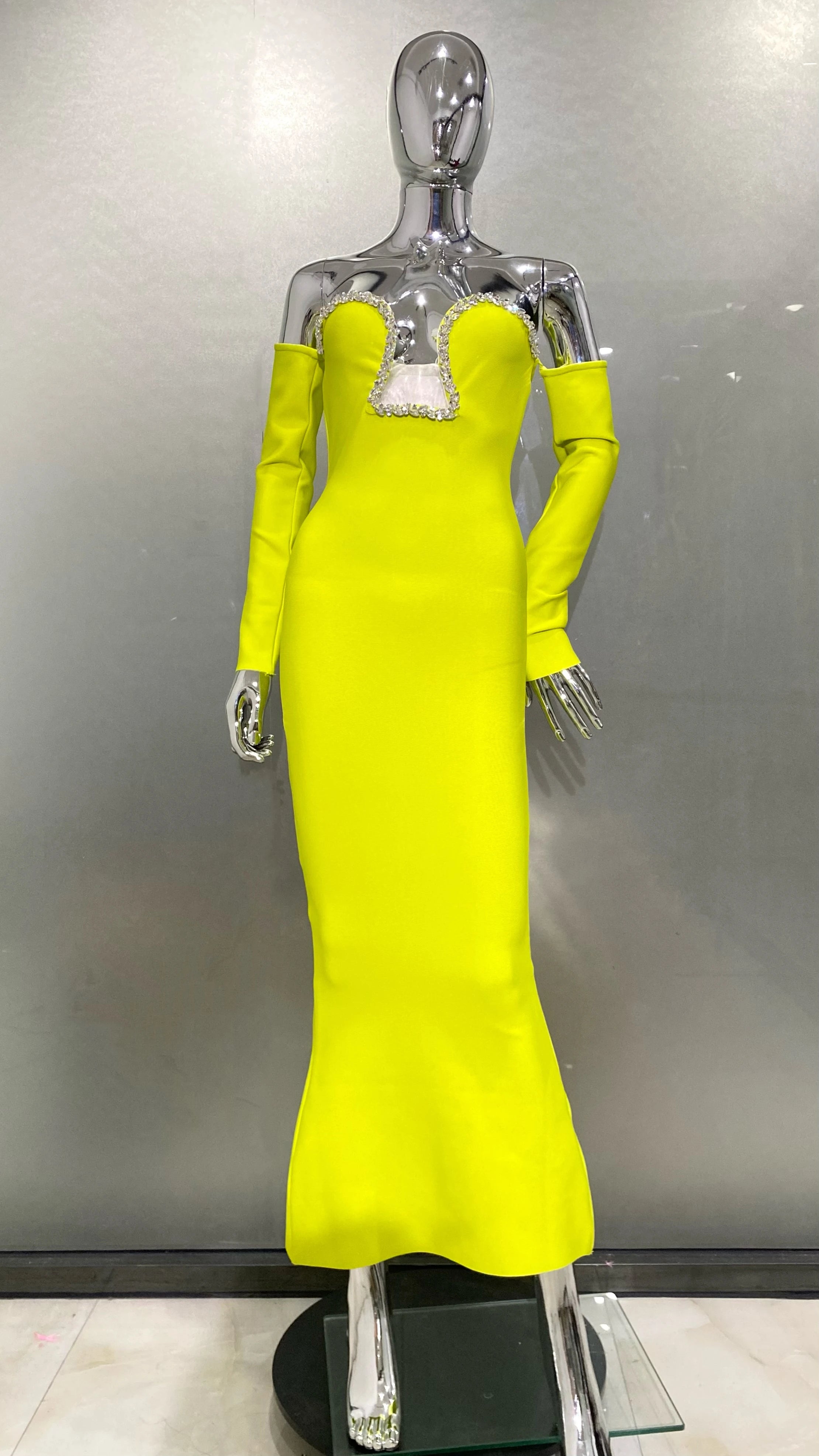 New Winter Yellow Green Shining Diamonds Sexy V-Neck off The Shoulder Mermaid Long Dress Fashion Woman Evening Party Vestido