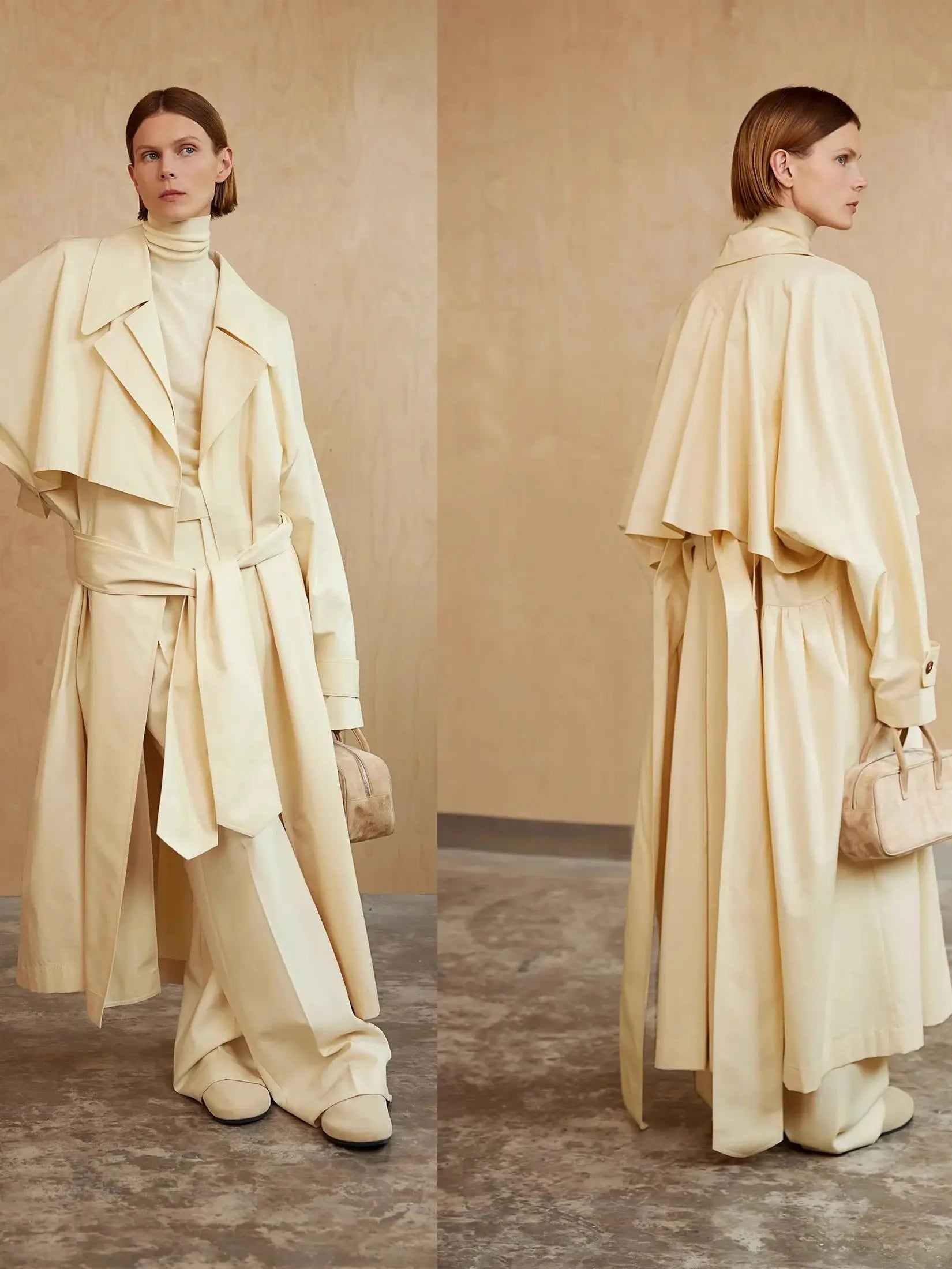 Lautaro Spring Autumn Oversized Khaki Flowy Long Trench Coat for Women Sashes Luxury Loose Casual Korean Fashion Overcoat 2025 Creamy beige