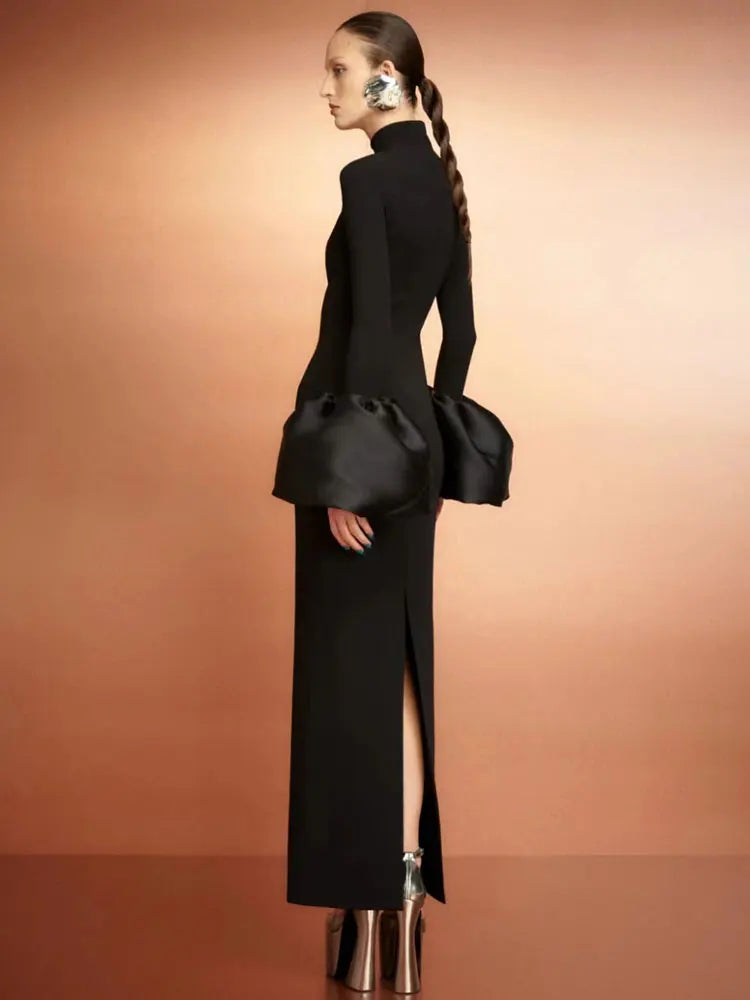 2024 Elegant Women's Black Maxi Dress Stand up Neck Flare Sleeves Bodycon Bandage Long Dresses Cocktail Evening Party Vestidos