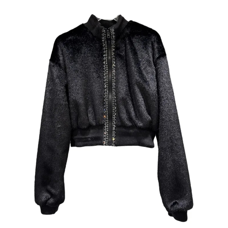 Winter New Fashion Rhinestone Edge Plush Cotton-Padded Short Jacket For Women High Waist Zipper Coat Female 11A07454