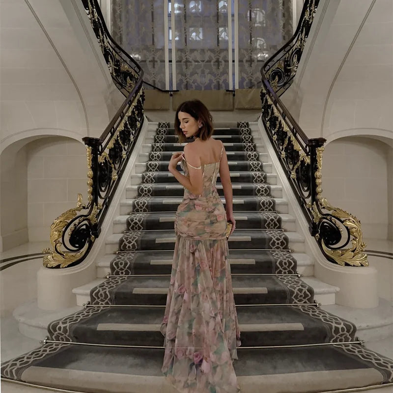 Print Flowers Color Women Sexy Halter Off the Shoulder Bodycon Long Maxi Dress Beach Style Vacation Birthday Party Outfit