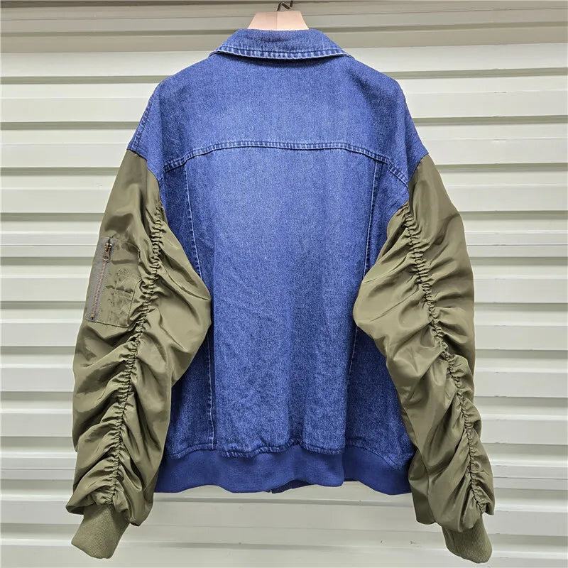 Autumn Winter New Fashion Denim Patchwork Contrast Color Pleated Scimitar Sleeve Jacket For Women Loose Coat 11A07724