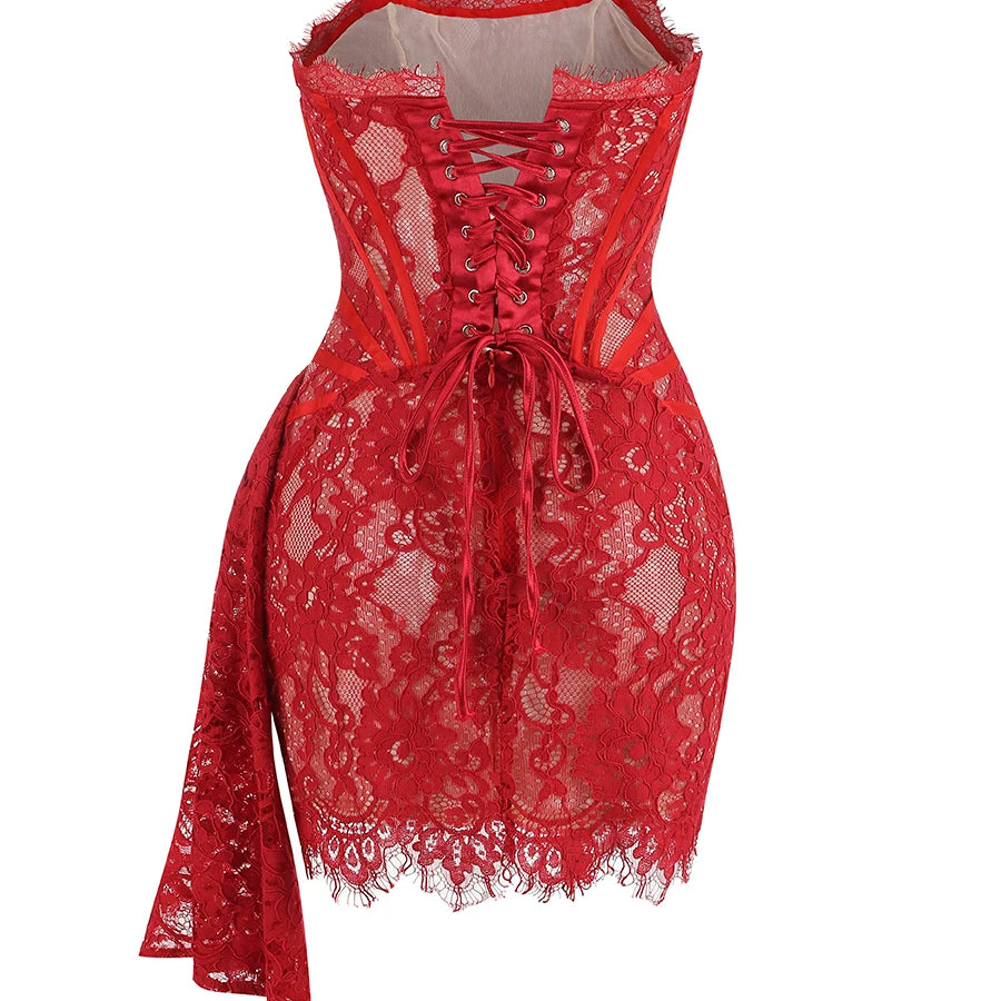 Christmas Dress For Women Red Lace Sexy Strapless Sleeveless Slim Supper Short Dress With Lace-Up