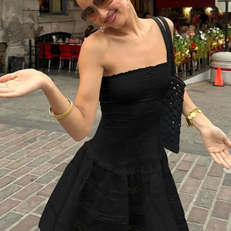 Off-shoulder Strapless A-line Sexy Mini Dress For Women Fashion Lace Sleeveless Backless High Waist Club Party Dress black