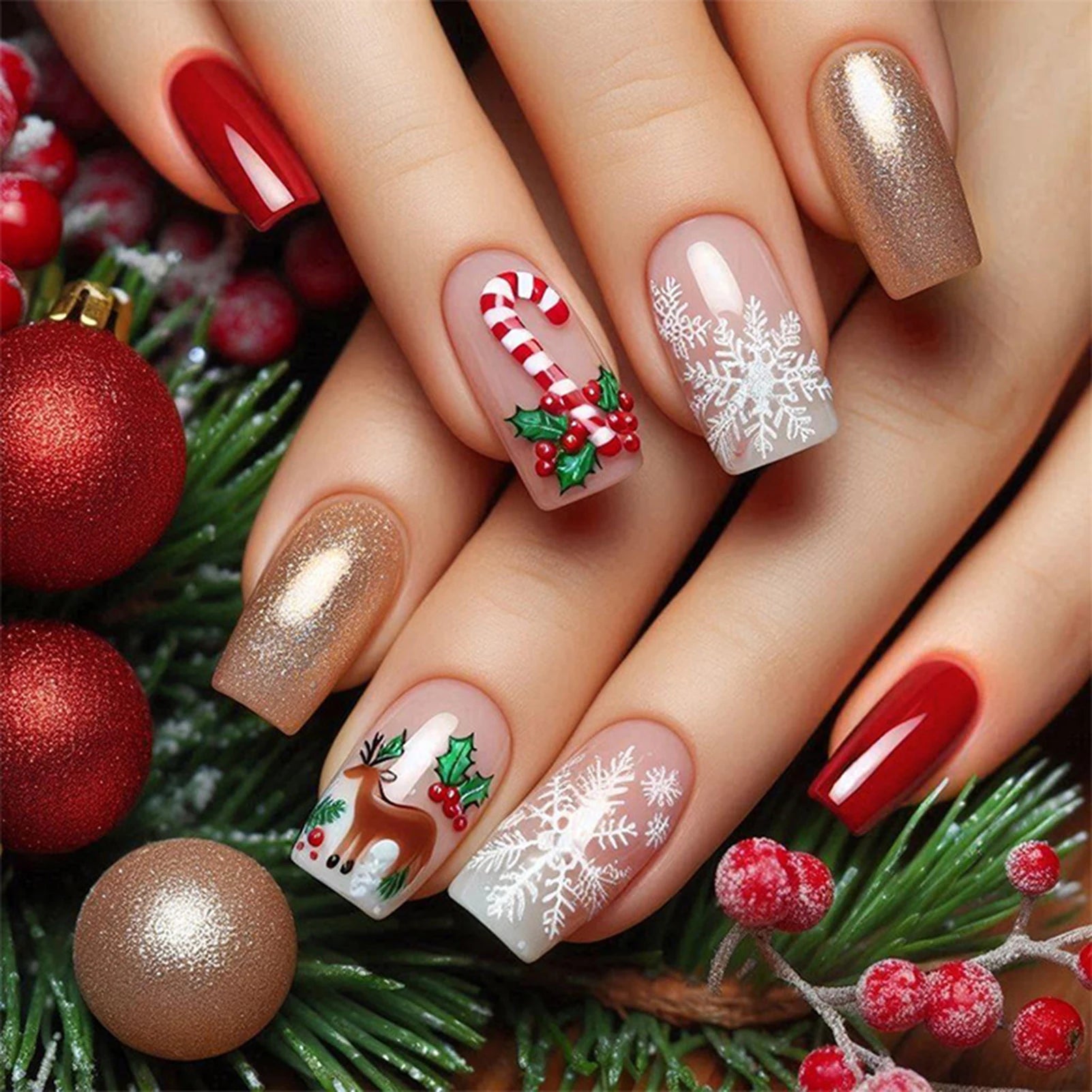 New Year Party Fake Nails Art 24Pcs Red Short Square Press On Nails Deer/Snowflake Printed Christmas False Nails Patches