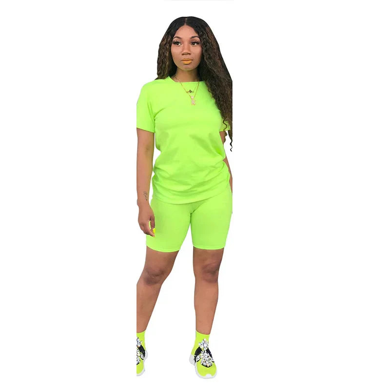 Women Sets Summer Outfit Sportswear Two Piece O-Neck Short Sleeve Tee Gym Tracksuit Jogging Tshirts Casual Style Green