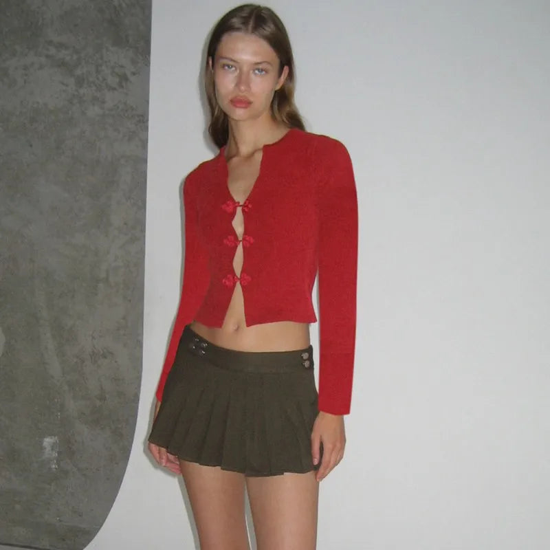 WhereMery Sexy V-neck Hollow Top Chinese Knot Long Sleeve Knitted Summer Slim Fit Waist T-shirt Top Party Nightclub Women Red