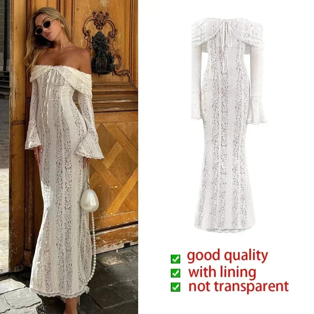 Suninheart White Off The Shoulder Bodycon Dress 2024 New in Flare Sleeve Elegant Lace Maxi Dress Wedding Guest Dress for Women pattern 2