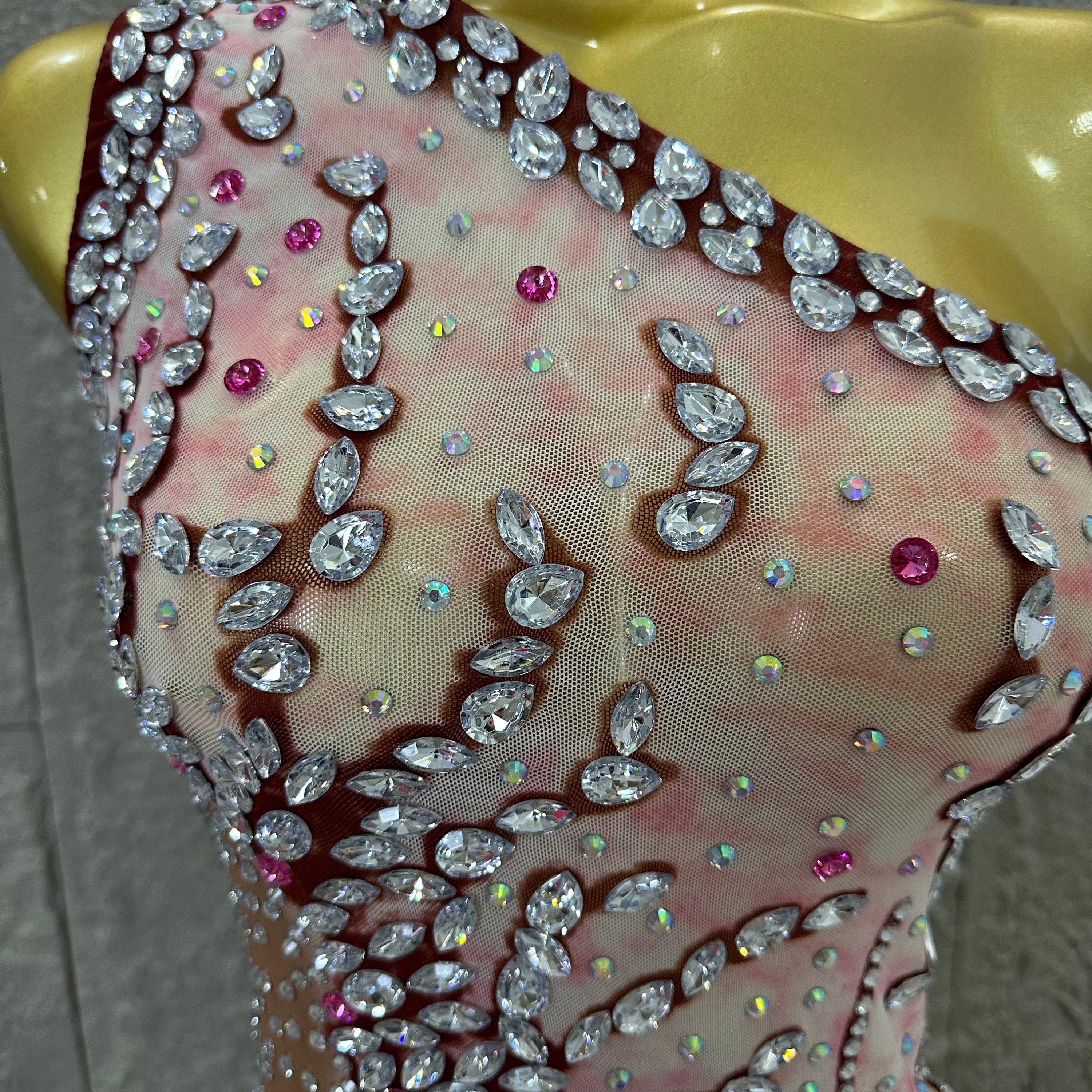 Women Sexy One-Shoulder Crystal Rhinestone Cutout High Slit Sheer Mesh Bodycon Outfit Stage Performance Evening Party Costume