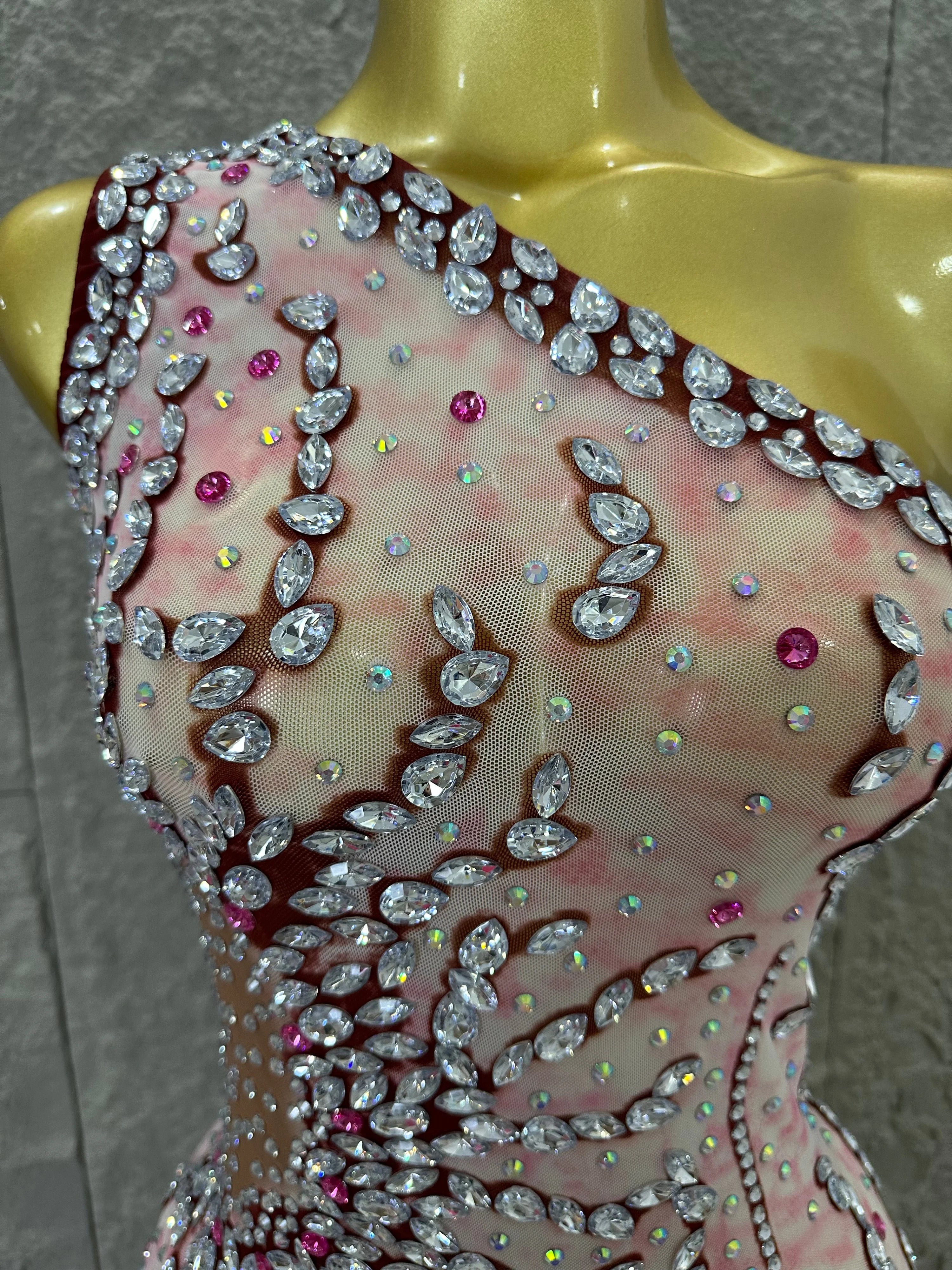 Women Sexy One-Shoulder Crystal Rhinestone Cutout High Slit Sheer Mesh Bodycon Outfit Stage Performance Evening Party Costume