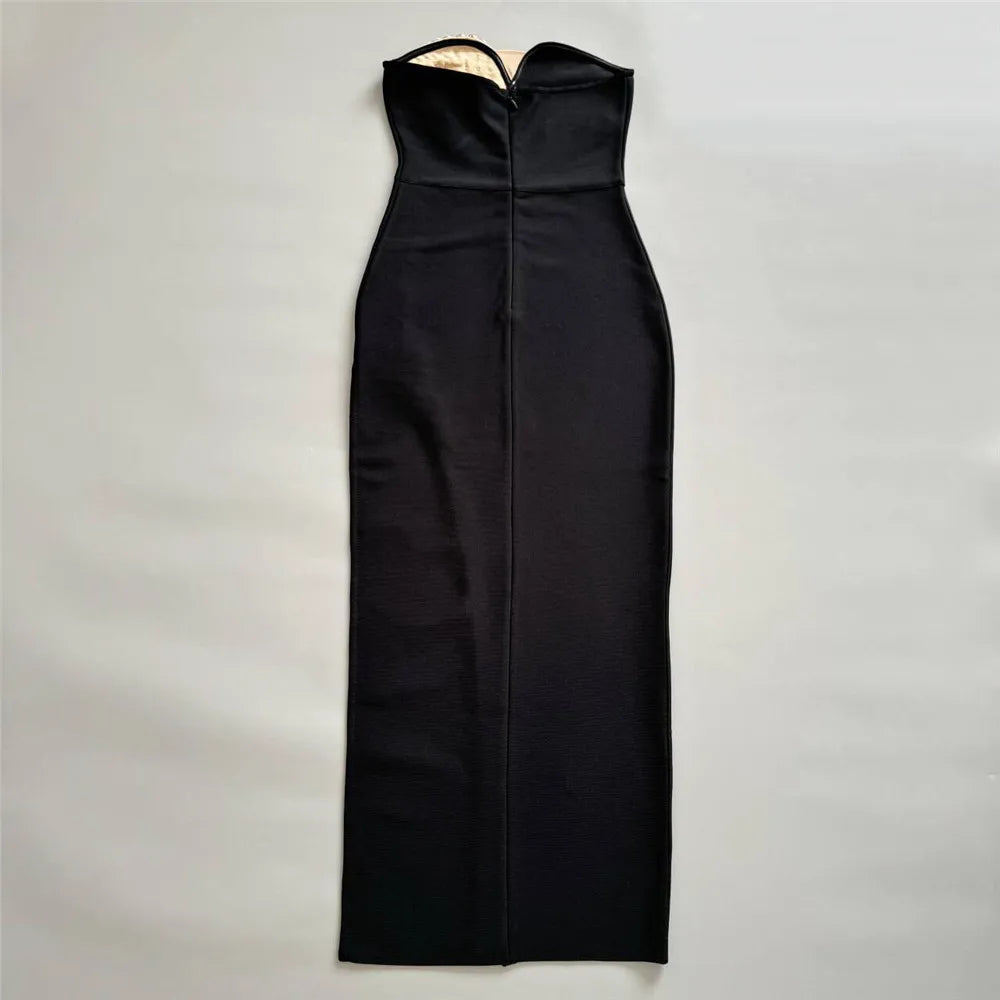 Women Sexy Strapless Golden Crystal Bodycon Long Bandage Dress Fashion Celebrate Evening Party Birthday Photo Shot Wear