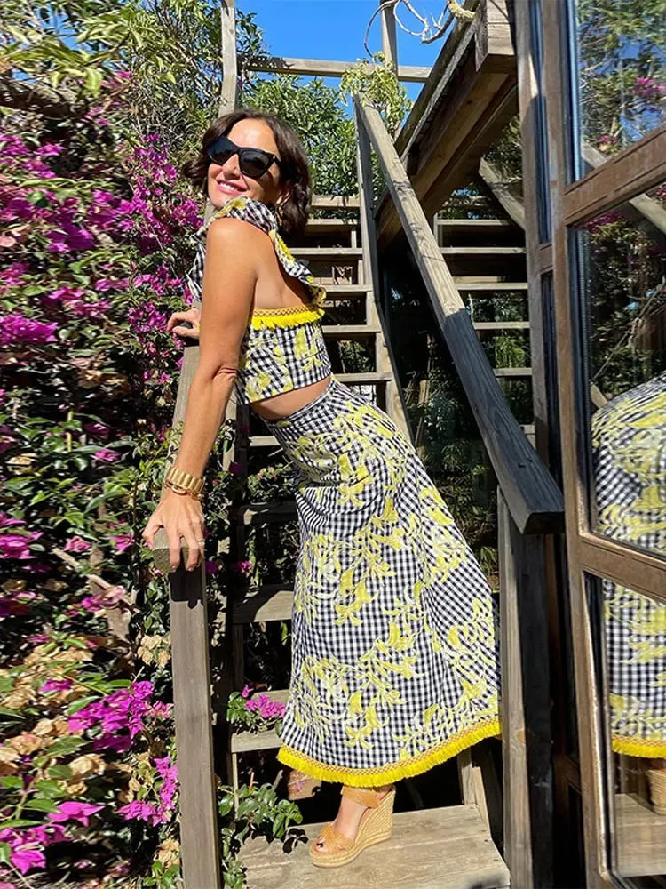 Summer Chic Printed Patchwork Skirt Suit Women Fashion Sling Ruffles Top Printting Set New Elegant Female Streetwear Sets