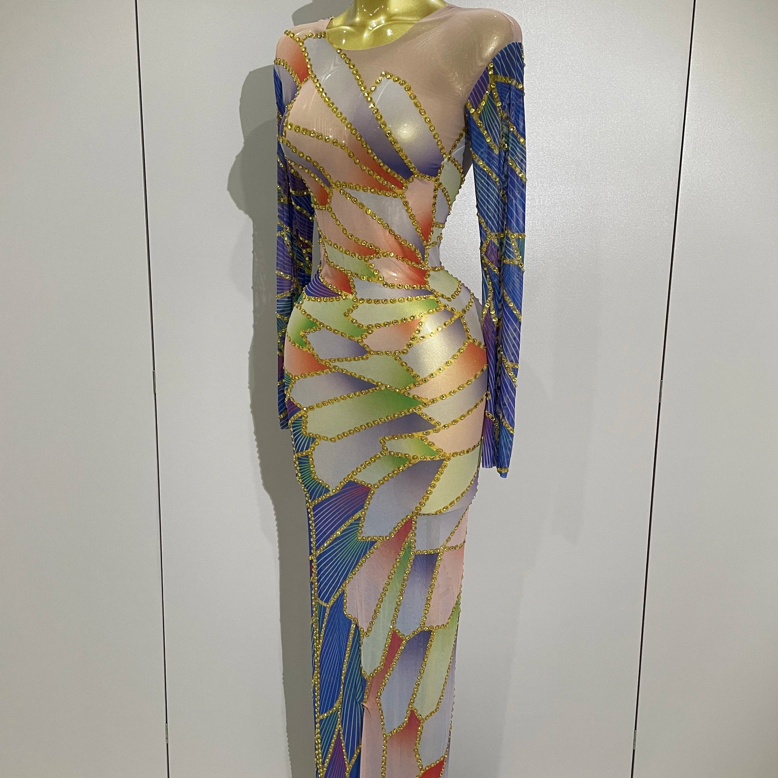 2025 New Luxury Sparkly Rhinestone Stretchy Mesh See Through Long Dress Women Birthday Party Performance Nightclub Stage Costume