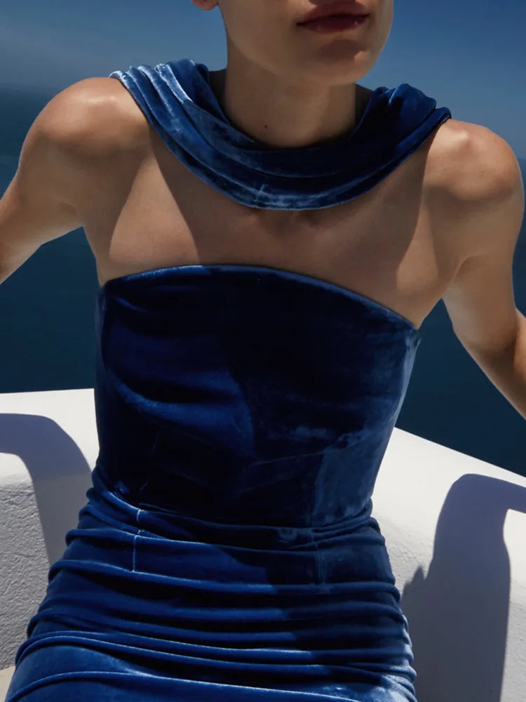 Chic Luxury Women Celebrity Sexy Tank Velvet Blue Maxi Long Gowns Dress 2025 Elegant Evening Party Club Vestido