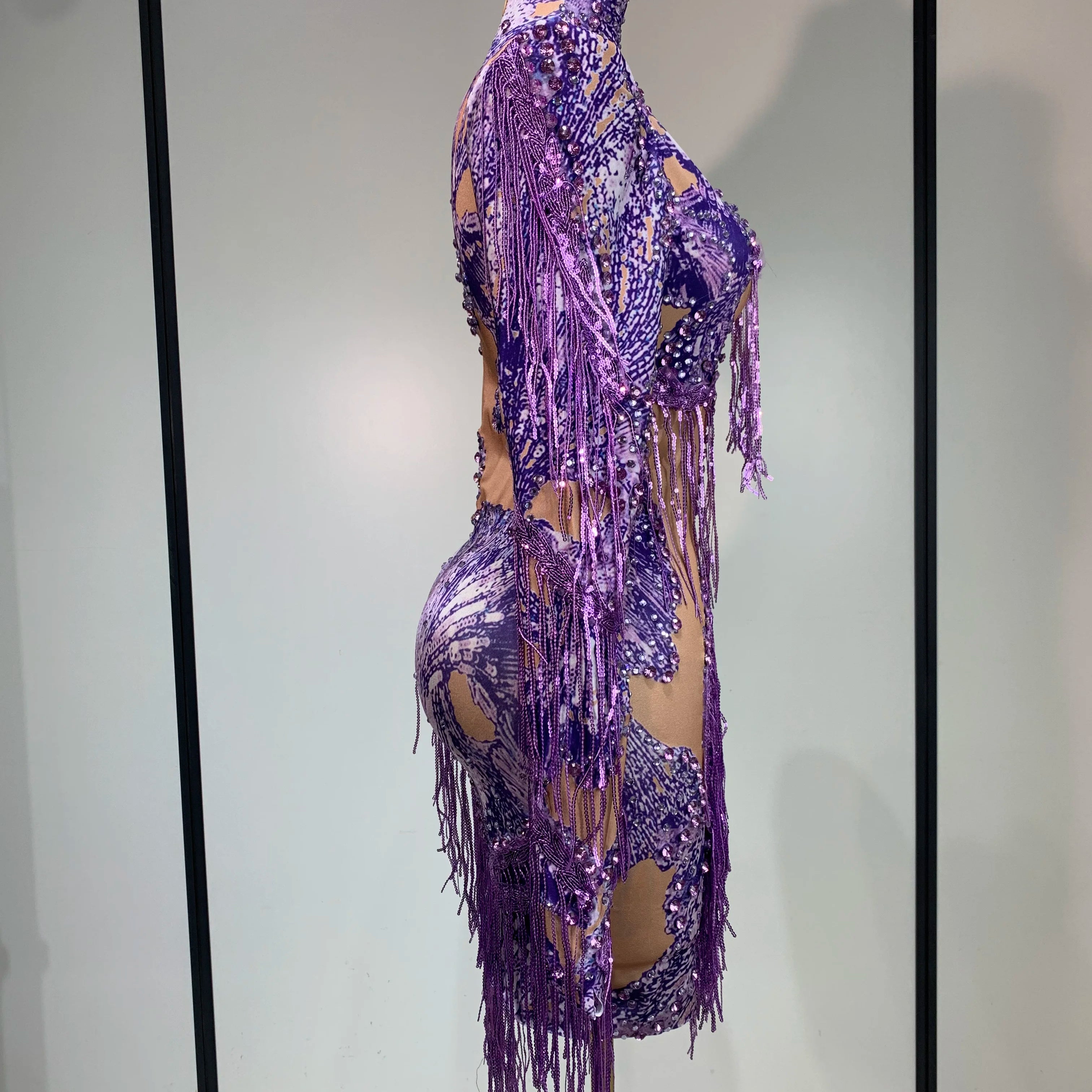 Sexy Sparkly Purple Rhinestones Tassel One Shoulder Sleeve Mini Dress Evening Party Birthday Nightclub Stage Performance Outfit