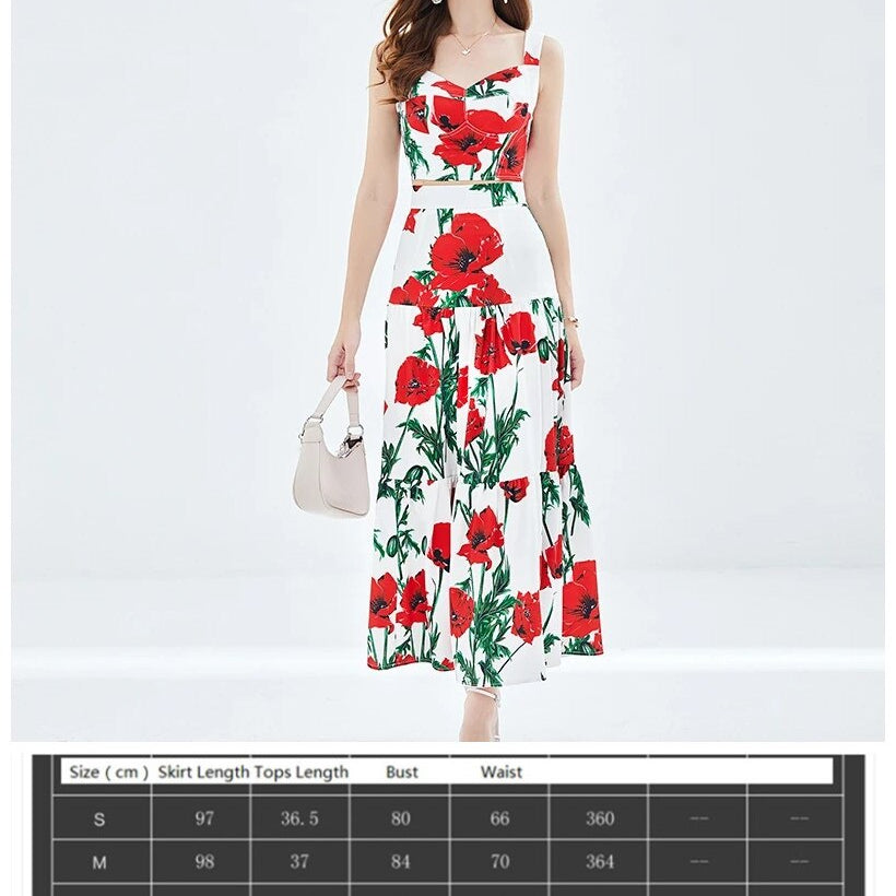 Summer Floral Dress Sets Women 2 Piece Outfit Sexy Slim Tops and Skirt Party Set 2024 Suspender Strap Suit Ballgown Frocks 2