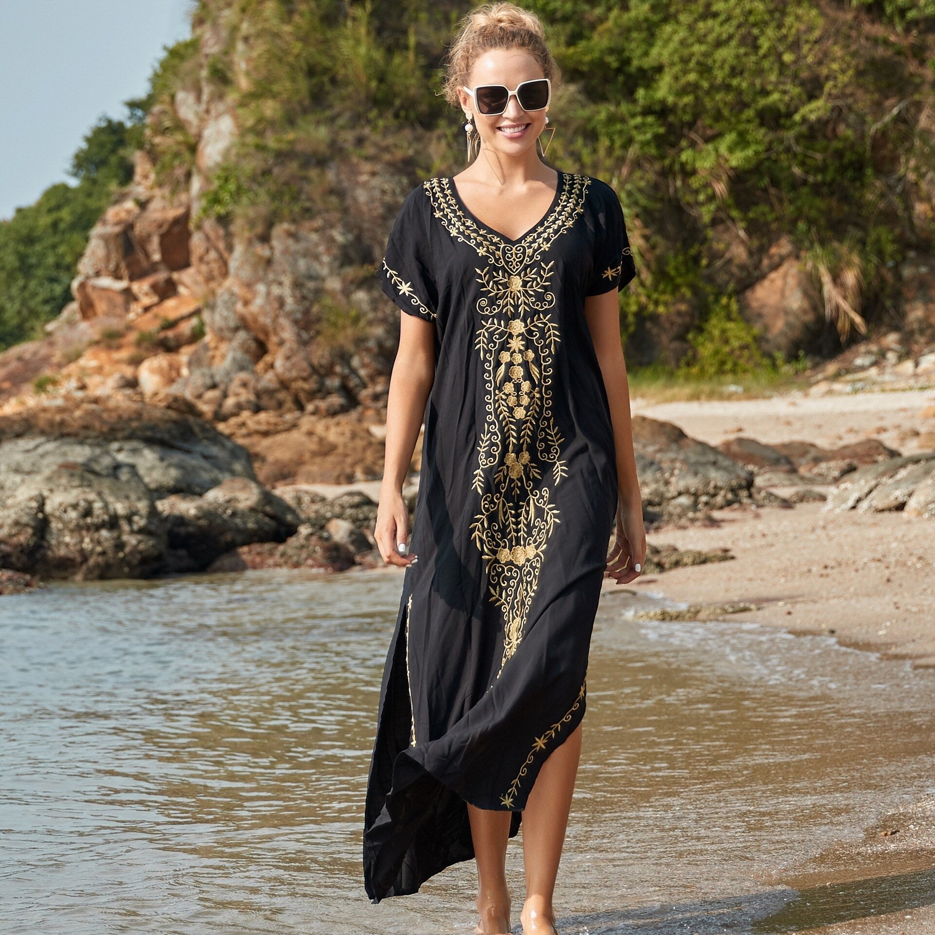 Robe De Plage Embroidery Beach Cover Up Sarong Black One Size