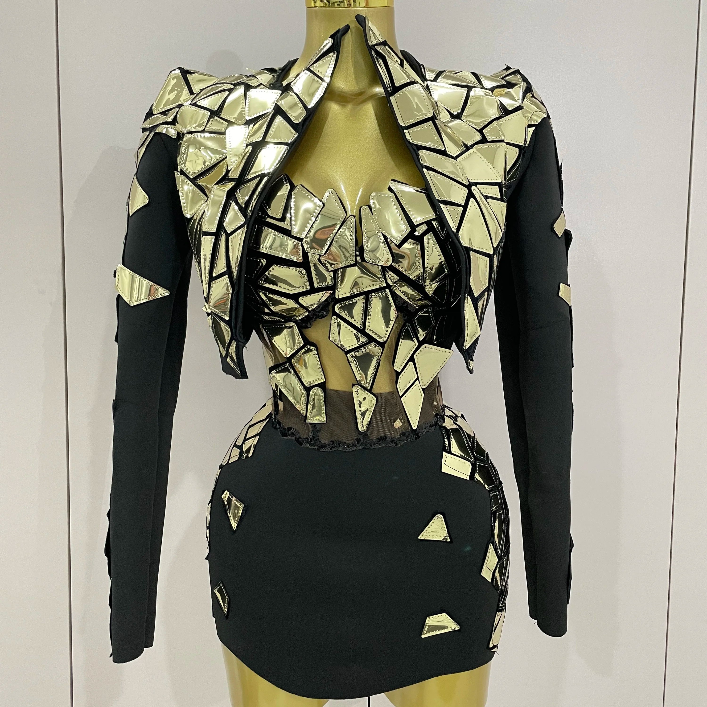 STOCK 2025 Women Sexy Pink Glitter Sequin Mirrors Short Skirt 3pcs Set Birthday Party Nightclub Queen Drag Stage Costume Gold