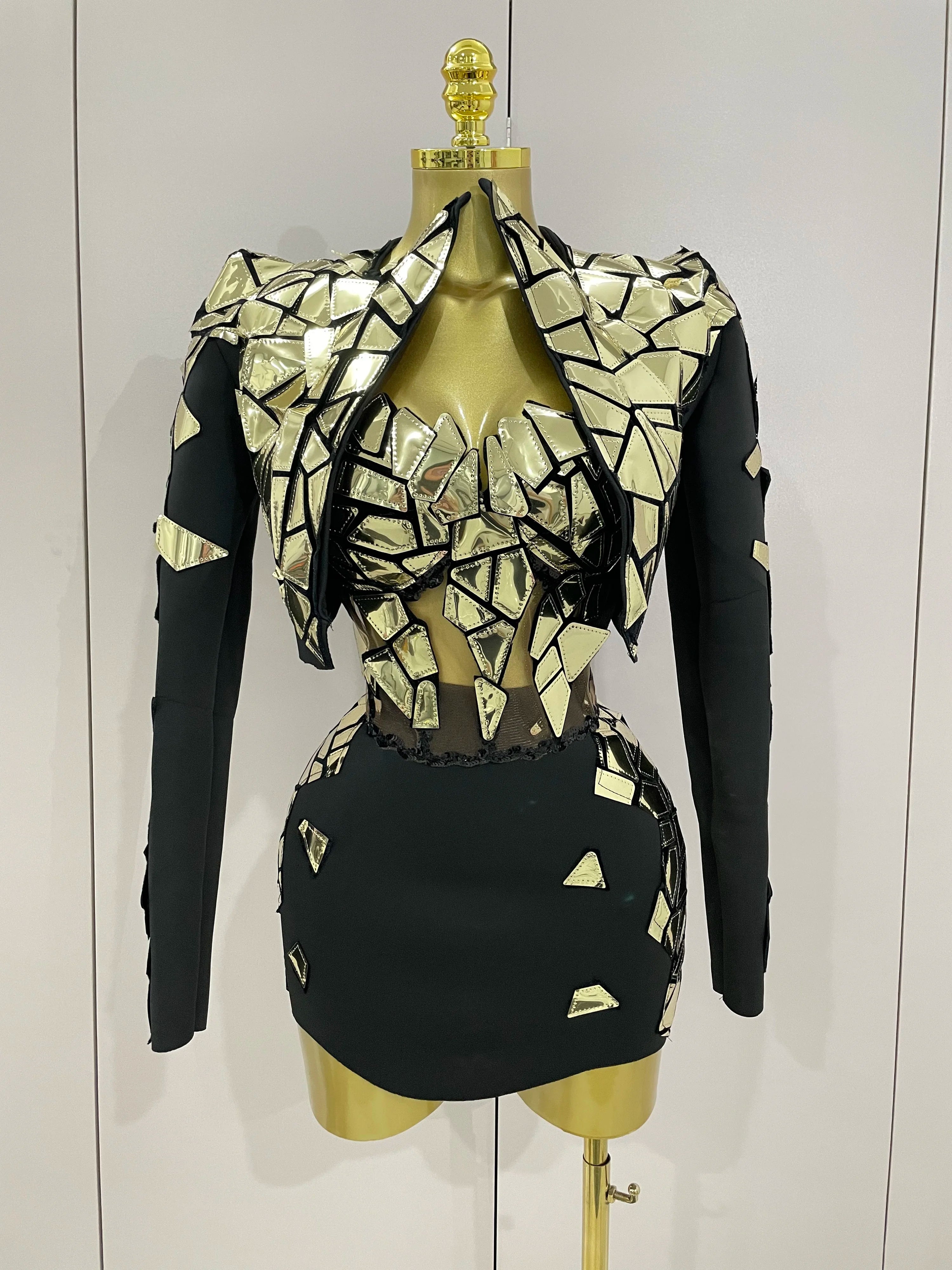 STOCK 2025 Women Sexy Pink Glitter Sequin Mirrors Short Skirt 3pcs Set Birthday Party Nightclub Queen Drag Stage Costume Gold