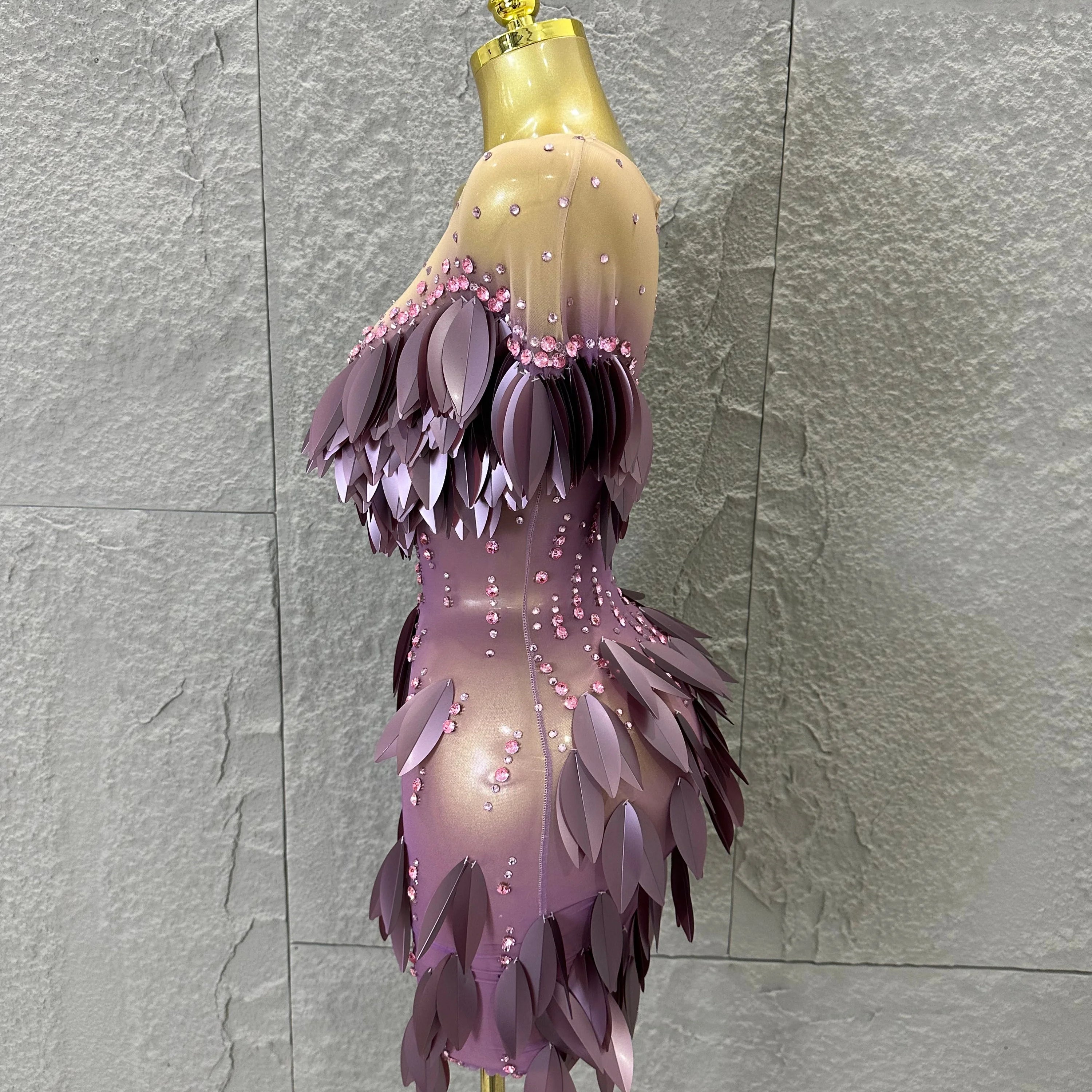 Sparkly 2026 Purple Sheer Mesh Dress Women Sexy Illusion Neck Rhinestone 3D Leaf Fringe Bodycon Evening Gala Nightclub Outfit