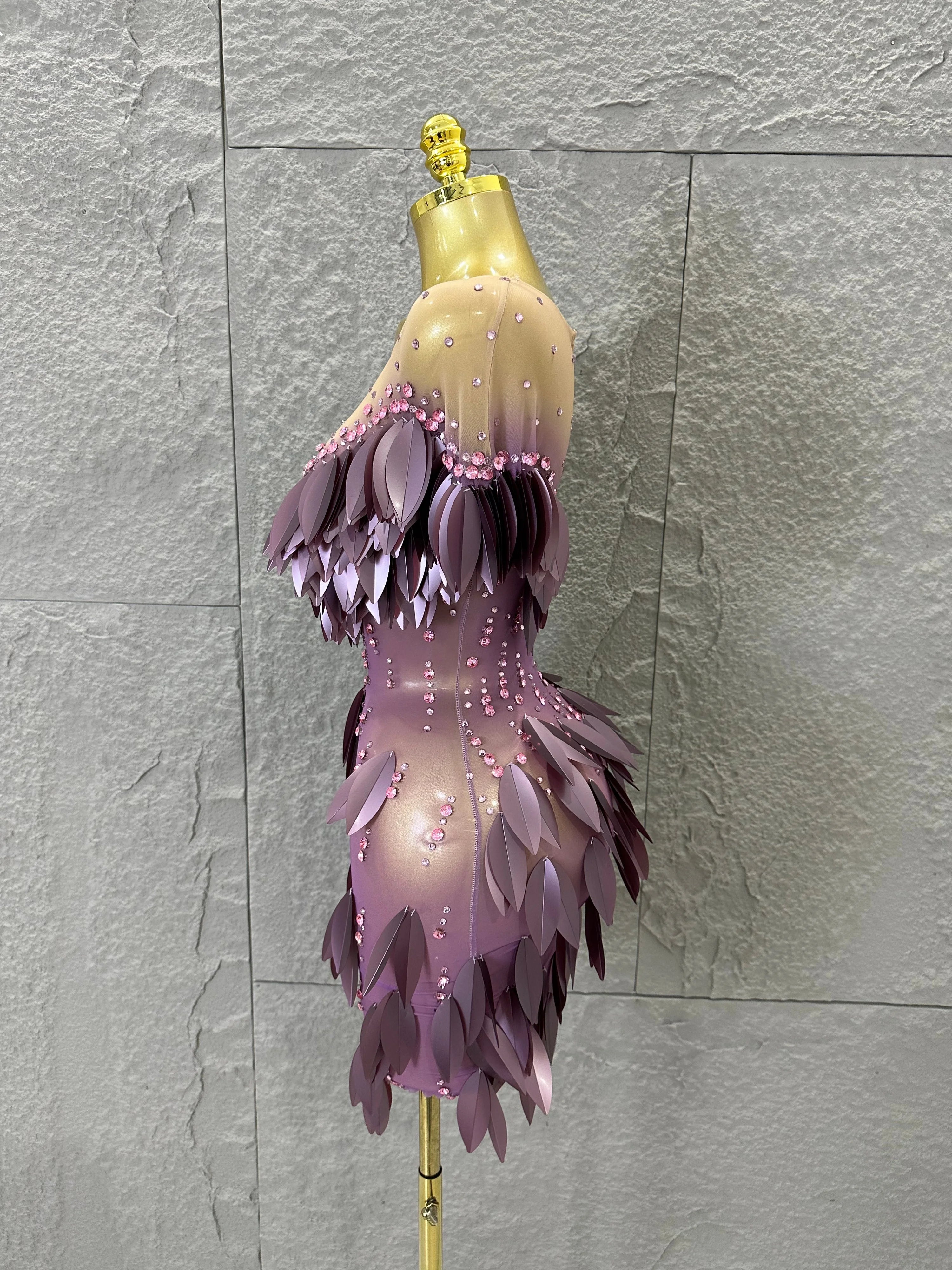 Sparkly 2026 Purple Sheer Mesh Dress Women Sexy Illusion Neck Rhinestone 3D Leaf Fringe Bodycon Evening Gala Nightclub Outfit