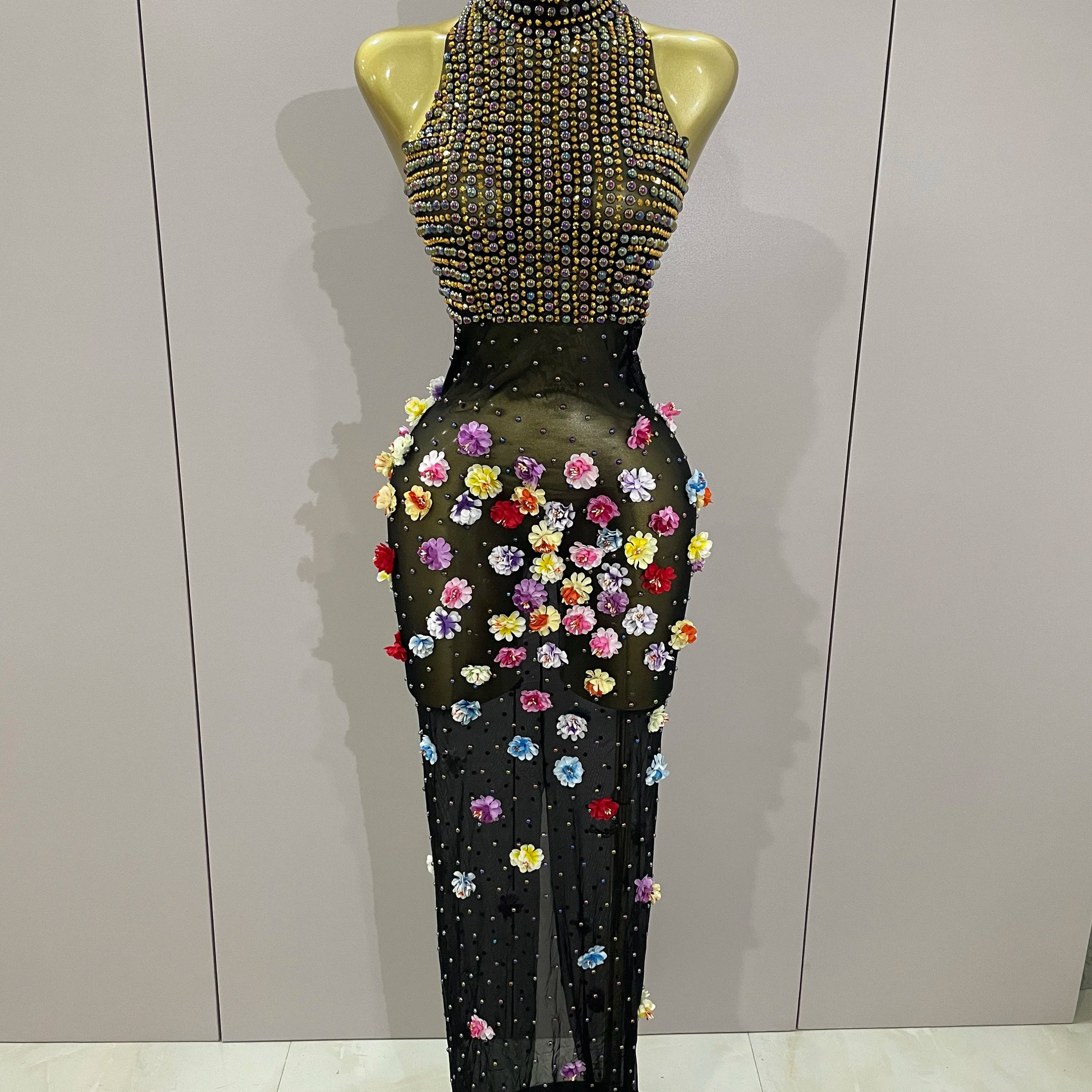 Sparkly Rhinestones Flowers Sexy See Through Long Dress 2025Women Birthday Celebrate Wedding Evening Prom Dress Photo Shoot Wear MULTI