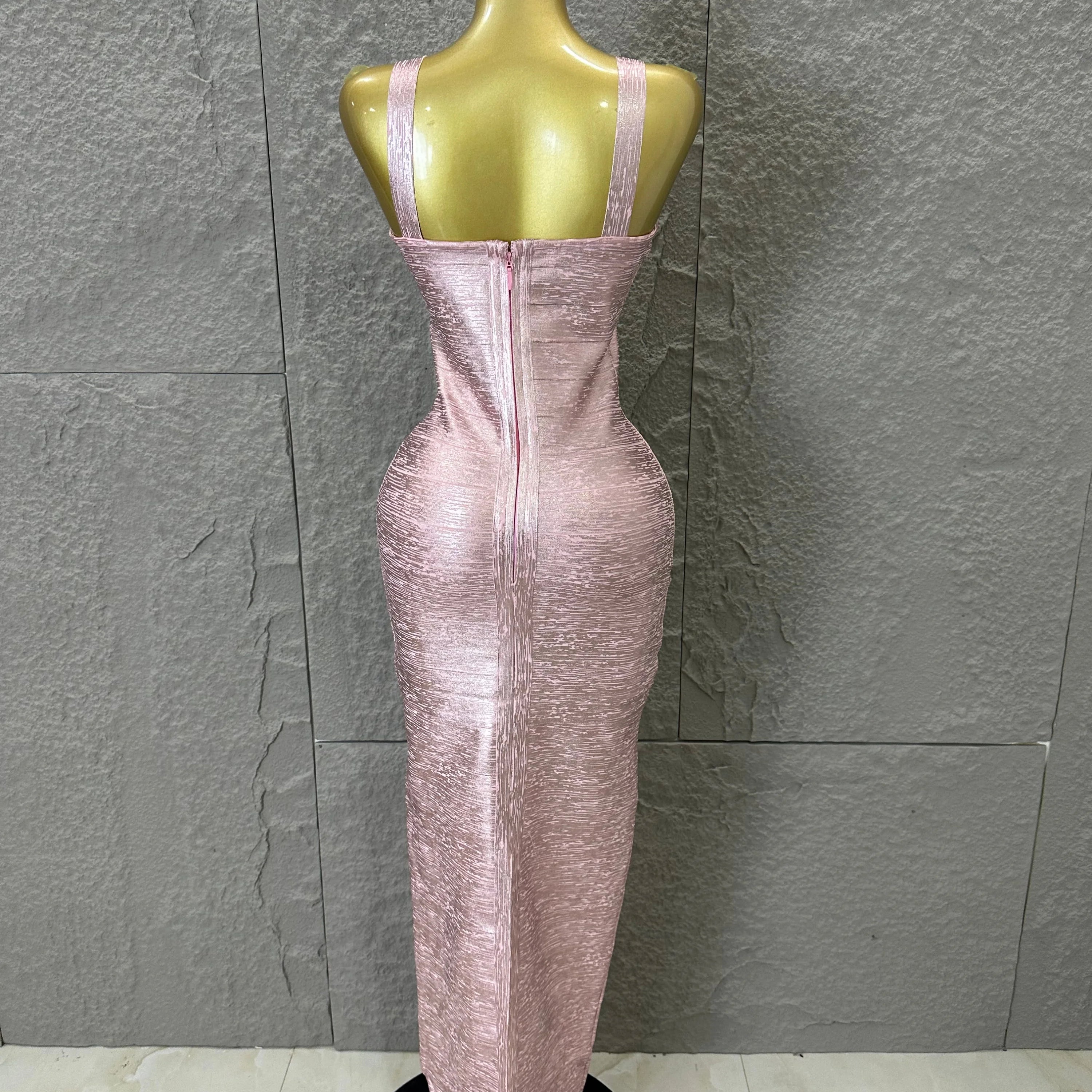 Elegant Pink Square Neck Maxi Dress Women Sexy Sleeveless Metallic Shimmer Form-Fitting Bandage Outfit Cocktail Party Costume