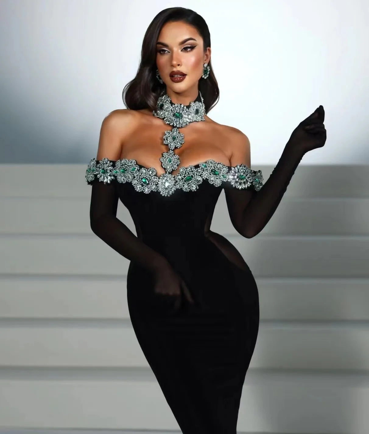 STOCK Fashion Golves Luxury Diamonds Sexy Off The Shoulder Halter Ankle Length Dress Graceful Woman Evening Party Dress black