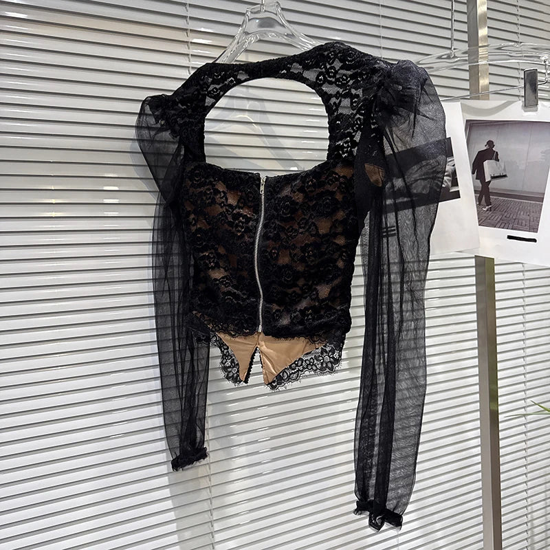 Winter New Fashion Mesh Sleeve Hollow Fishbone Chest Pad Slim Fit Lace Shirts For Women Versatile Short Top 11A07463