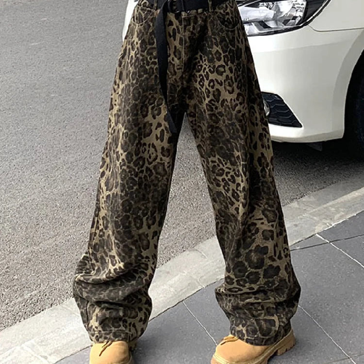 Woman Vintage Leopard Jeans Spring Autumn Simple Casual Oversize Wide Leg Trousers Streetwear Hip Hop Female Loose Pants