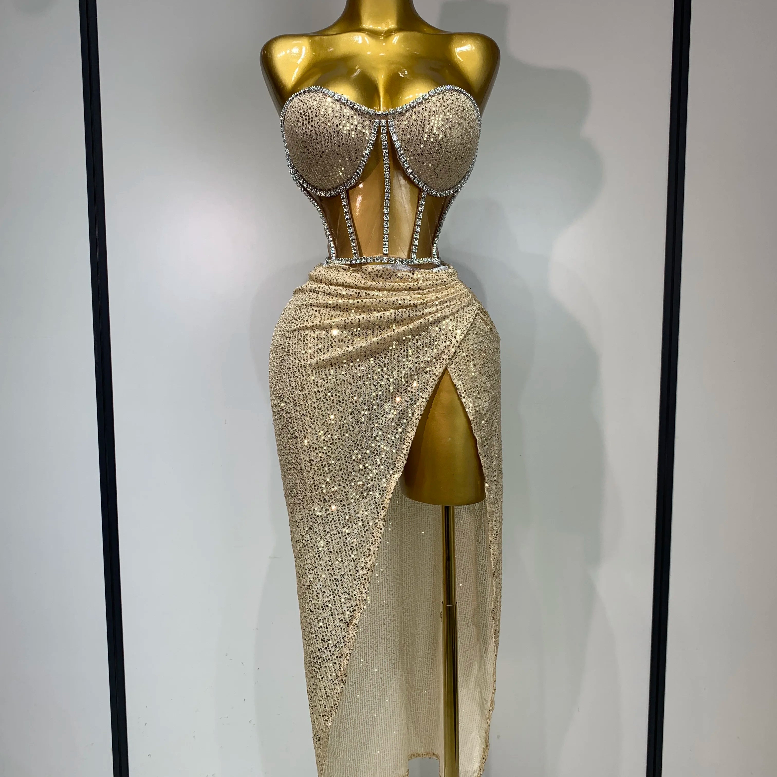 Women Sexy Nightclub Skirt Sets Strapless Diamonds Sequines Two Piece Sets Gogo Performance Outfit Evening Party Birthday Dress Beige