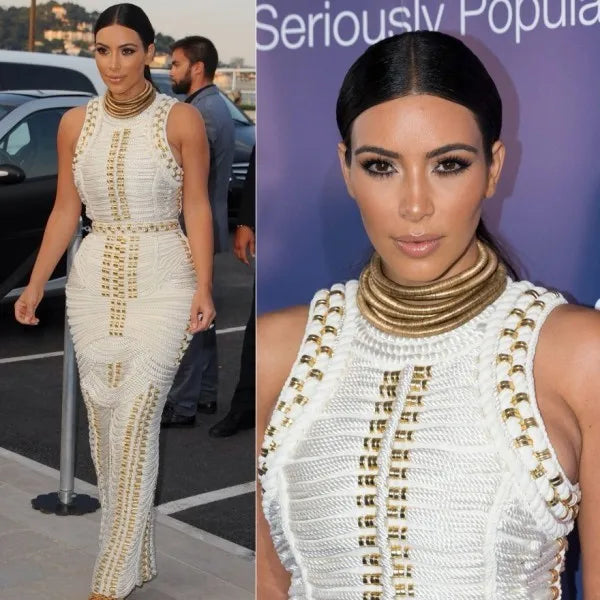 2023 New Women Sexy Diamond Embellished Bodycon Long Bandage Dress Elegant Rayon Backless Sleeveless Party Dress WHITE