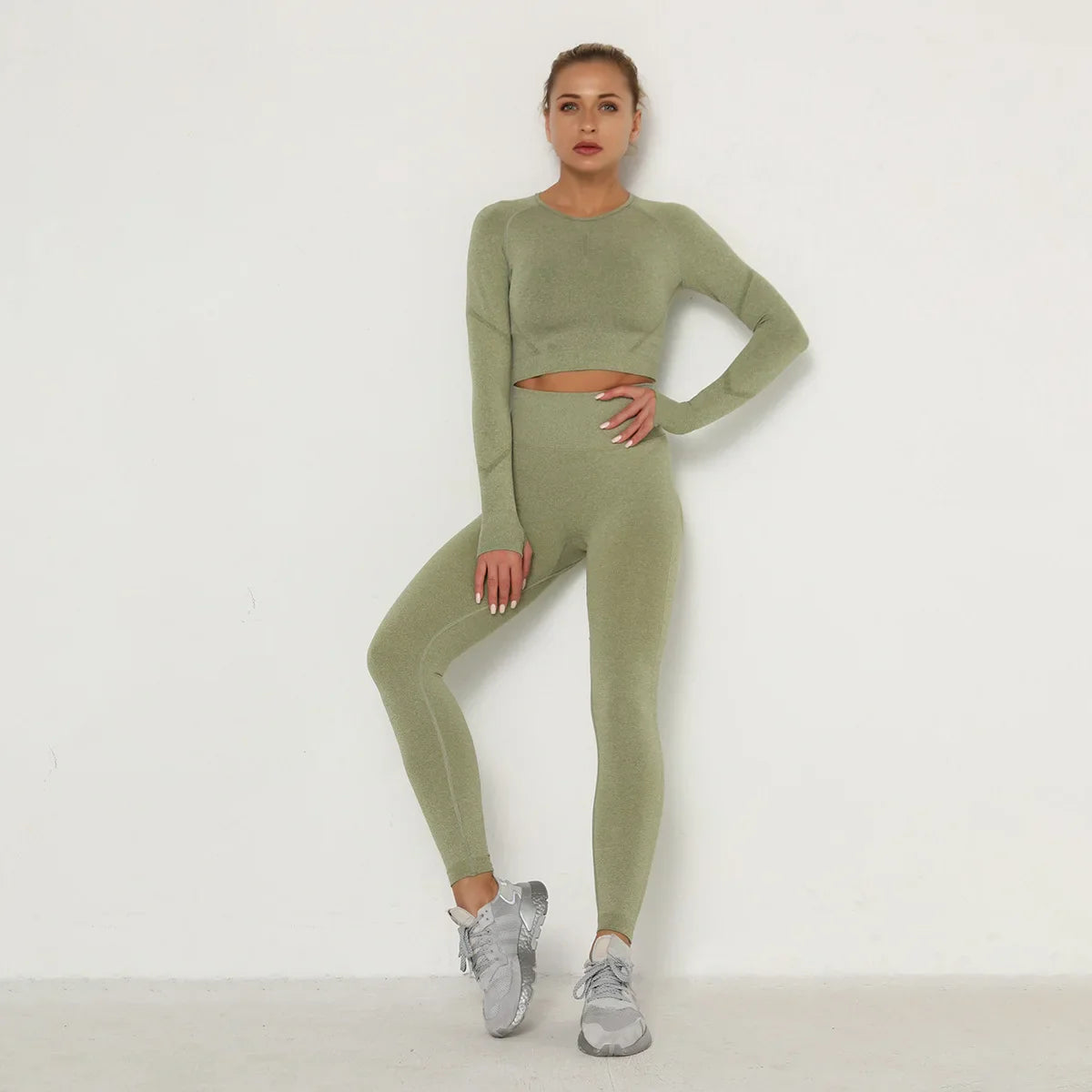 Seamless Yoga Sets Women Workout Sportswear Gym Clothing Long Sleeve Crop Top High Waist Leggings Workout Fitness Sports Suits SS77AG