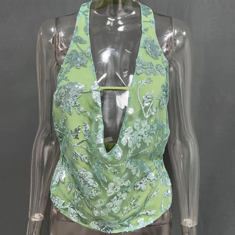 Mozision Glitter Deep V Neck Sexy Tank Tops Women Vest Pullovers Summer New Sparkle Backless Cropped Tops Elegant Beach Tops Avocado Green